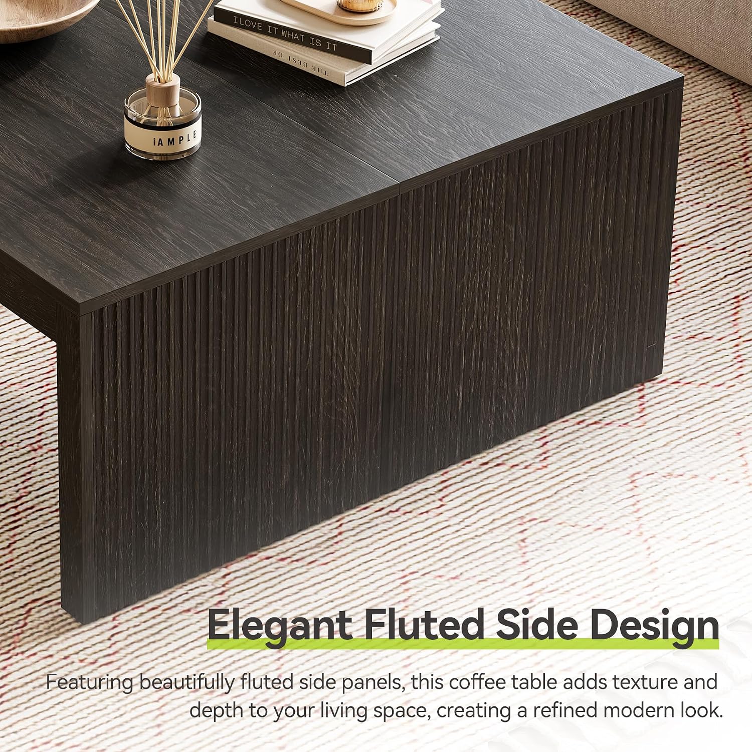 LITTLE TREE Square Coffee Table, 39.4-Inch Fluted Coffee Tables, Mid-Century Modern Center Cocktail Table for Living Room Bedroom, Easy Assembly, Black