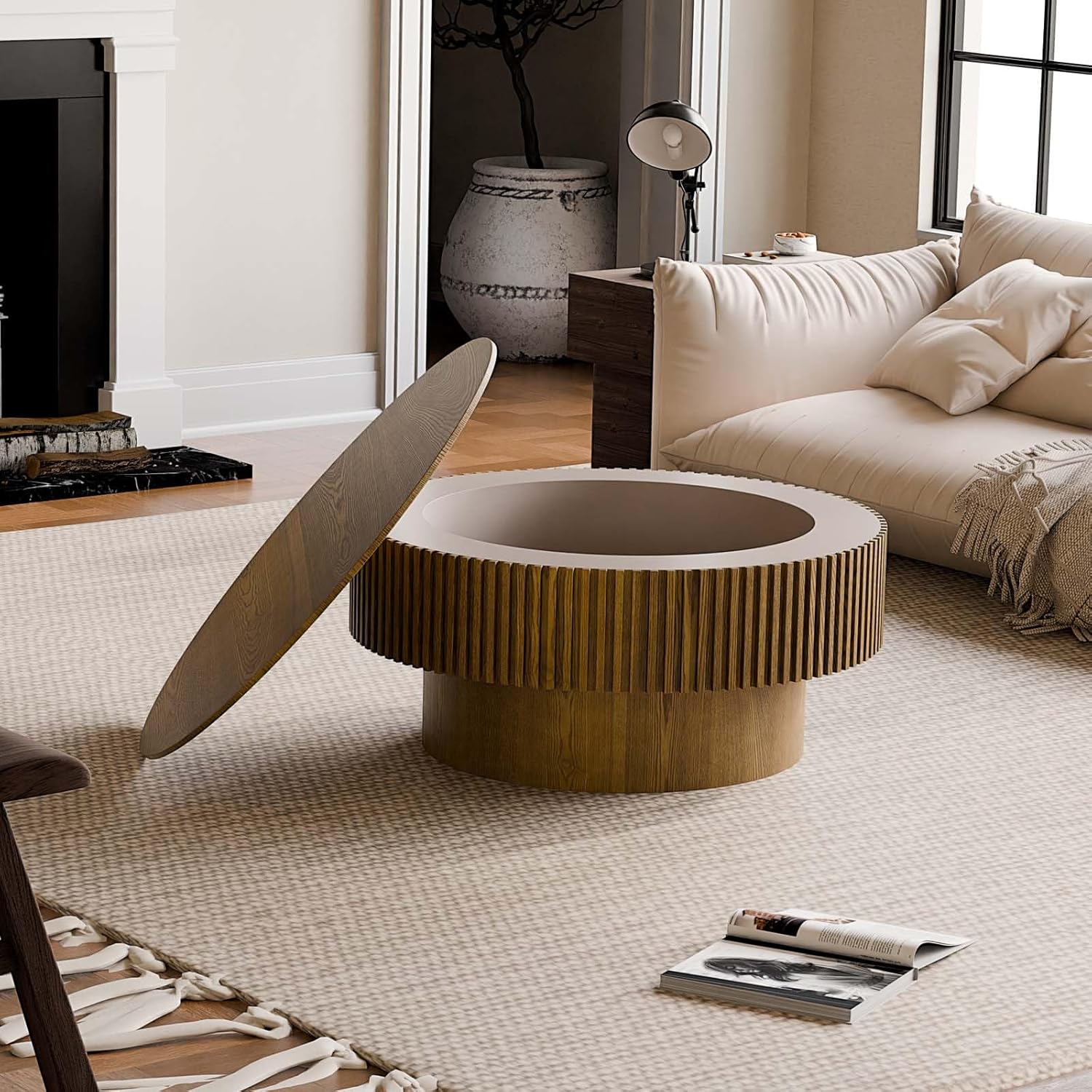 Round Coffee Table with Storage, Modern Wooden Coffee Table with Solid Wood Veneered, Circle Center Table Accent Tea Table for Living Room Apartment Small Space (31.5''L × 31.5''W × 14''H, Brown)