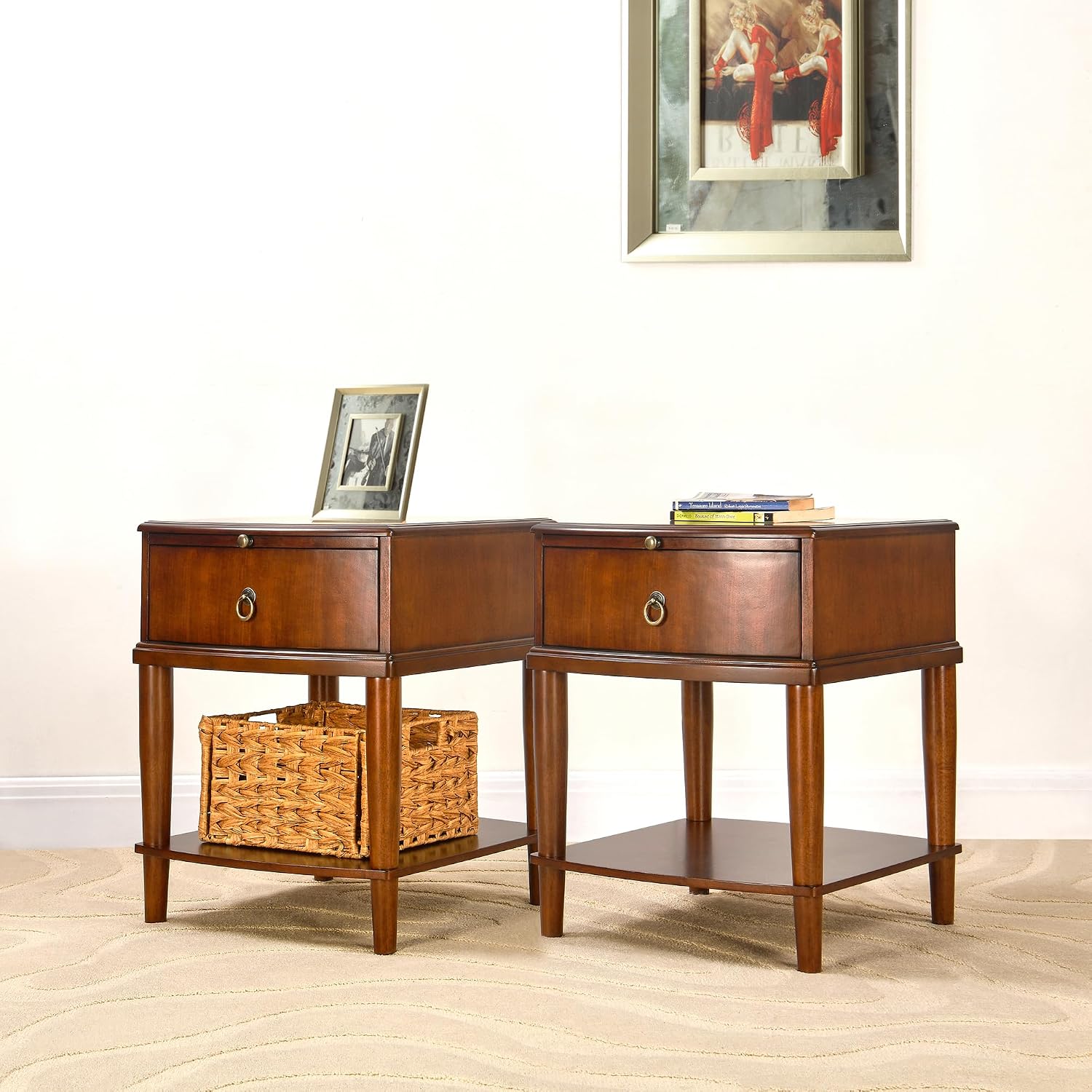 Set of 2Wood Side End Table with Tray Extension and Storage Drawers,Sofa Side Table with Round Legs,No-Tools Assembly,Telephone Table for Living Room,17.7'L x 19.7'W x 22.8'H Beeswax CJZ-A1569-MG