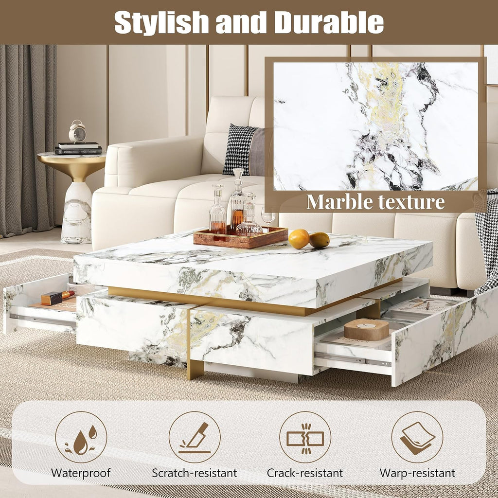 Merax 43.3 Inch Modern Large Square Coffee Table with Marble Textured Top, 4 Built-in Drawers Ample Storage and Floating Suspended Base, Modern Elegance White MDF Storage Center Table for Living Room