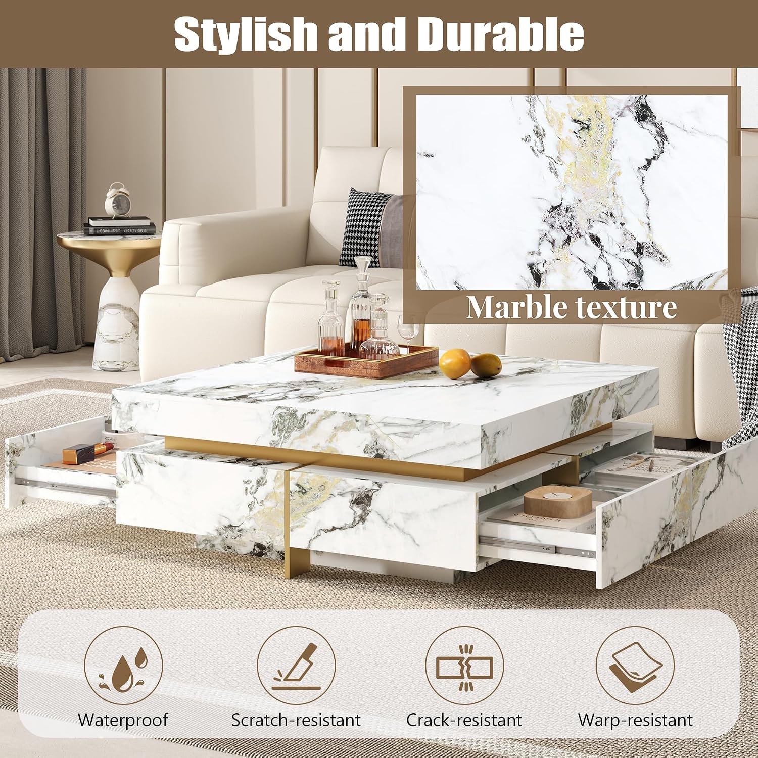 Merax 43.3 Inch Modern Large Square Coffee Table with Marble Textured Top, 4 Built-in Drawers Ample Storage and Floating Suspended Base, Modern Elegance White MDF Storage Center Table for Living Room