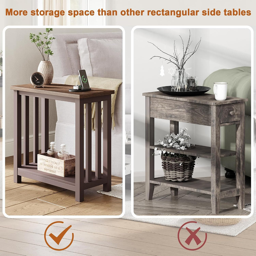 ChooChoo Mission End Tables Set of 2, Narrow Side Tables for Small Spaces, Night Stands with Storage Shelf for Living Room and Bedroom, Espresso