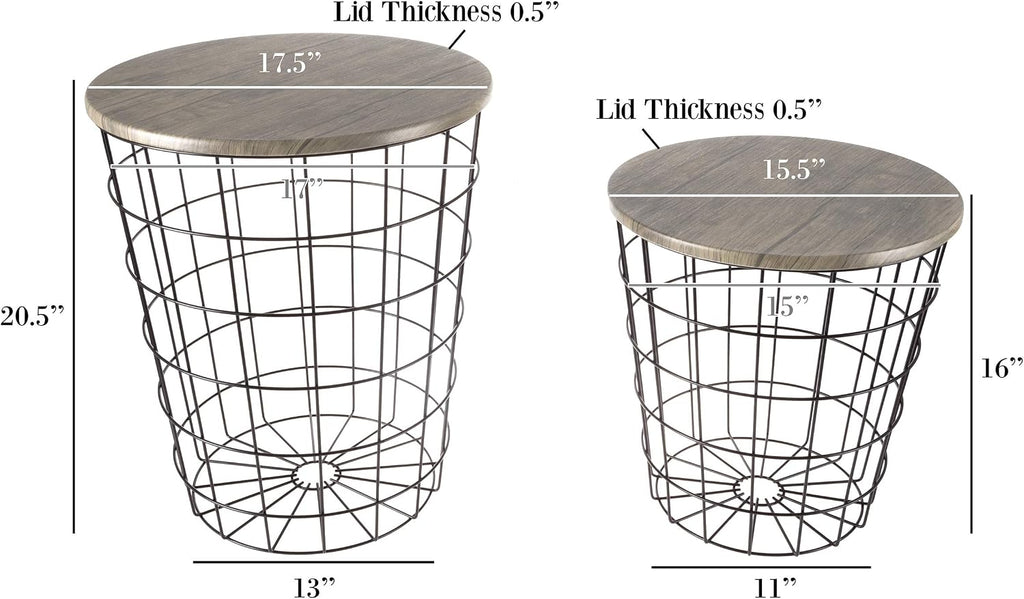 End Tables Set of 2 - Nesting Tables with Removable Wood Tops and Metal Basket Bases for Blanket Storage - Round Side Furniture for Living Room, Bedroom, or Home Office by Lavish Home (Gray/Black)