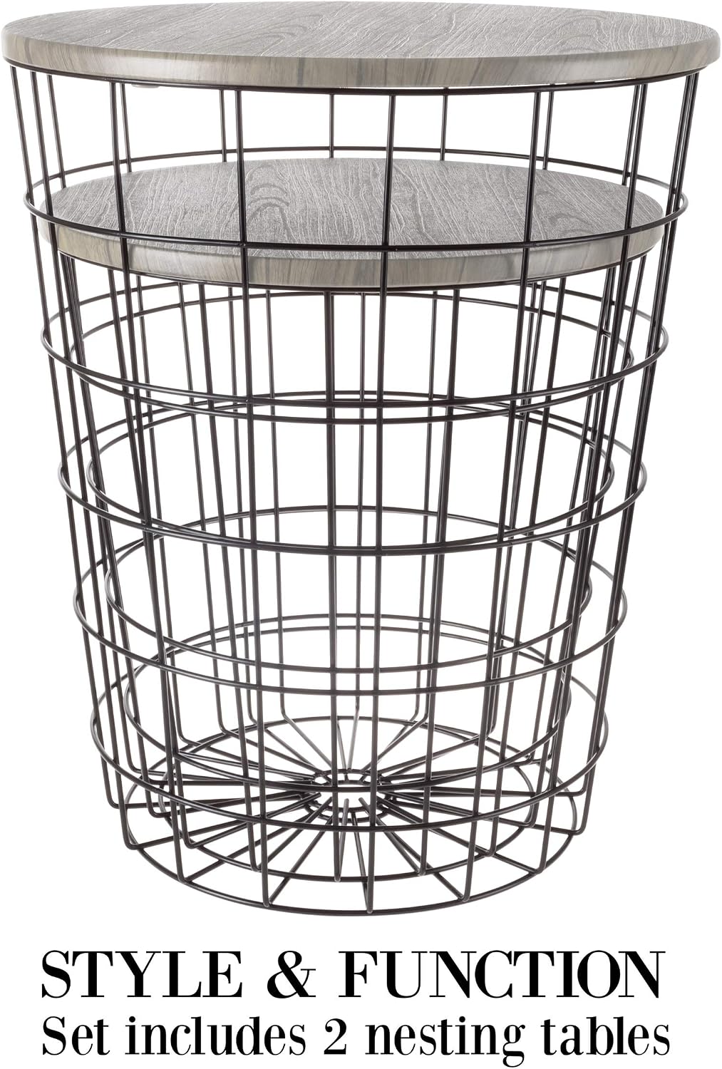 End Tables Set of 2 - Nesting Tables with Removable Wood Tops and Metal Basket Bases for Blanket Storage - Round Side Furniture for Living Room, Bedroom, or Home Office by Lavish Home (Gray/Black)