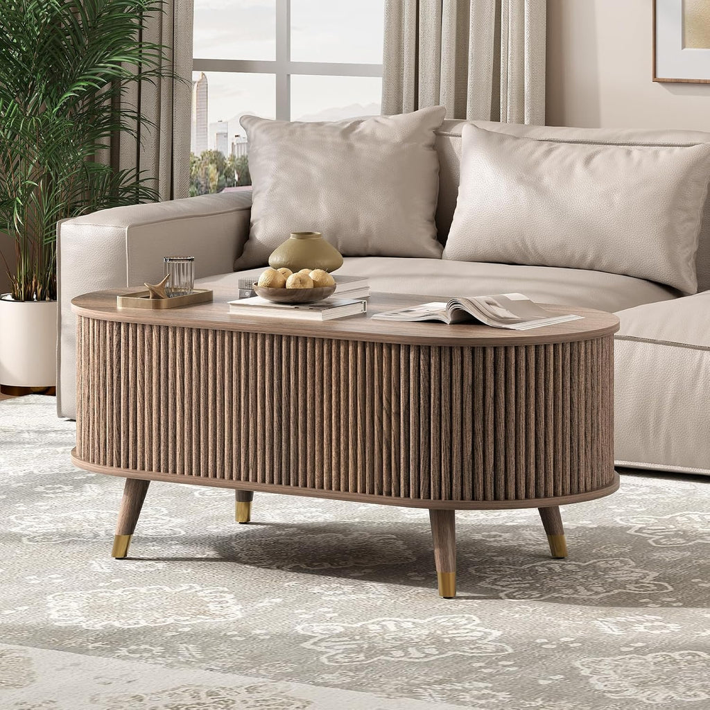 Oval Coffee Table with Storage, 42.5' Fluted Coffee Table with Lifting Top & Solid Wood Legs, Modern Lift Up Center Table for Living Room, Home Office, Walnut