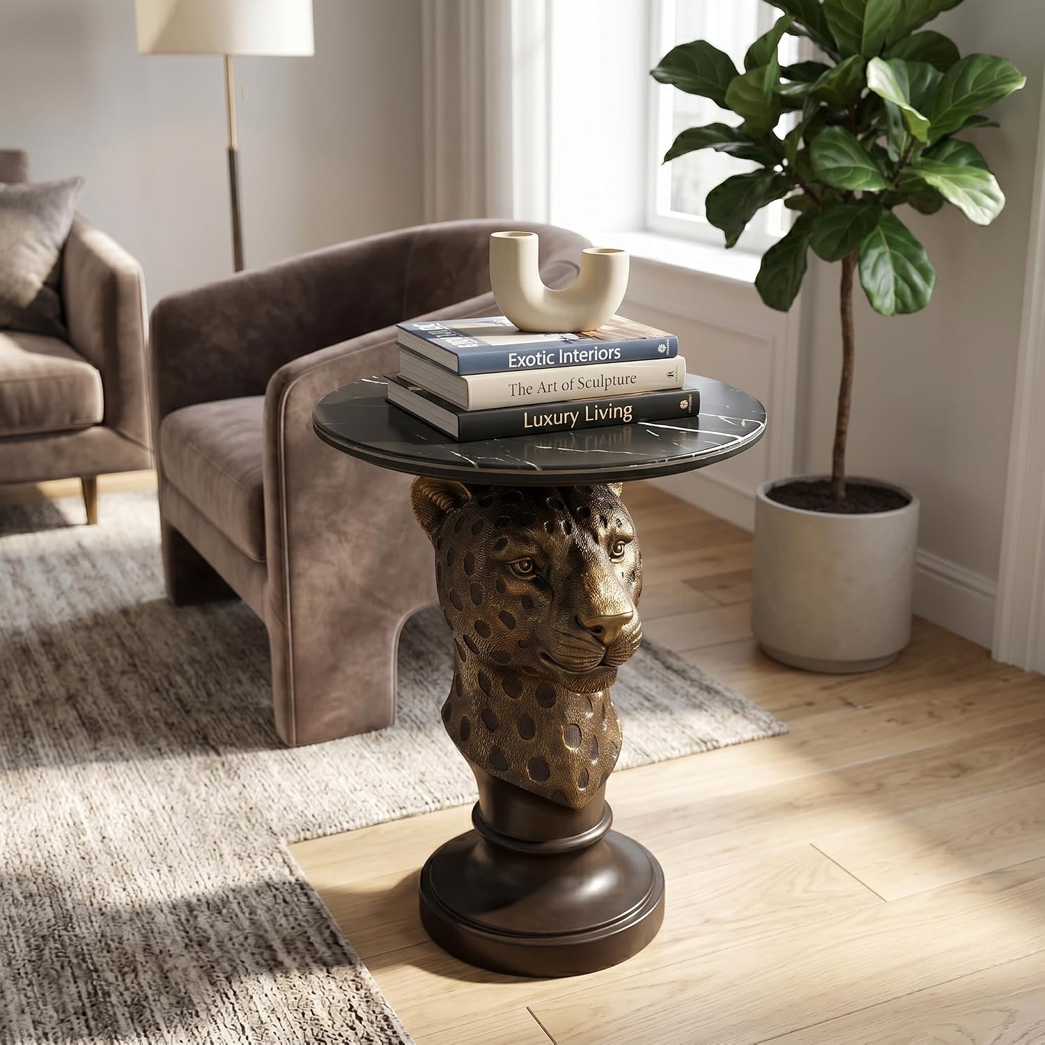 Leopard Head Sculptural Accent Table for Living Room & Entryway, 19.69' D x 24.80' H, Resin Animal End Table, Waterproof Outdoor Decor, Unique Gift for Housewarming