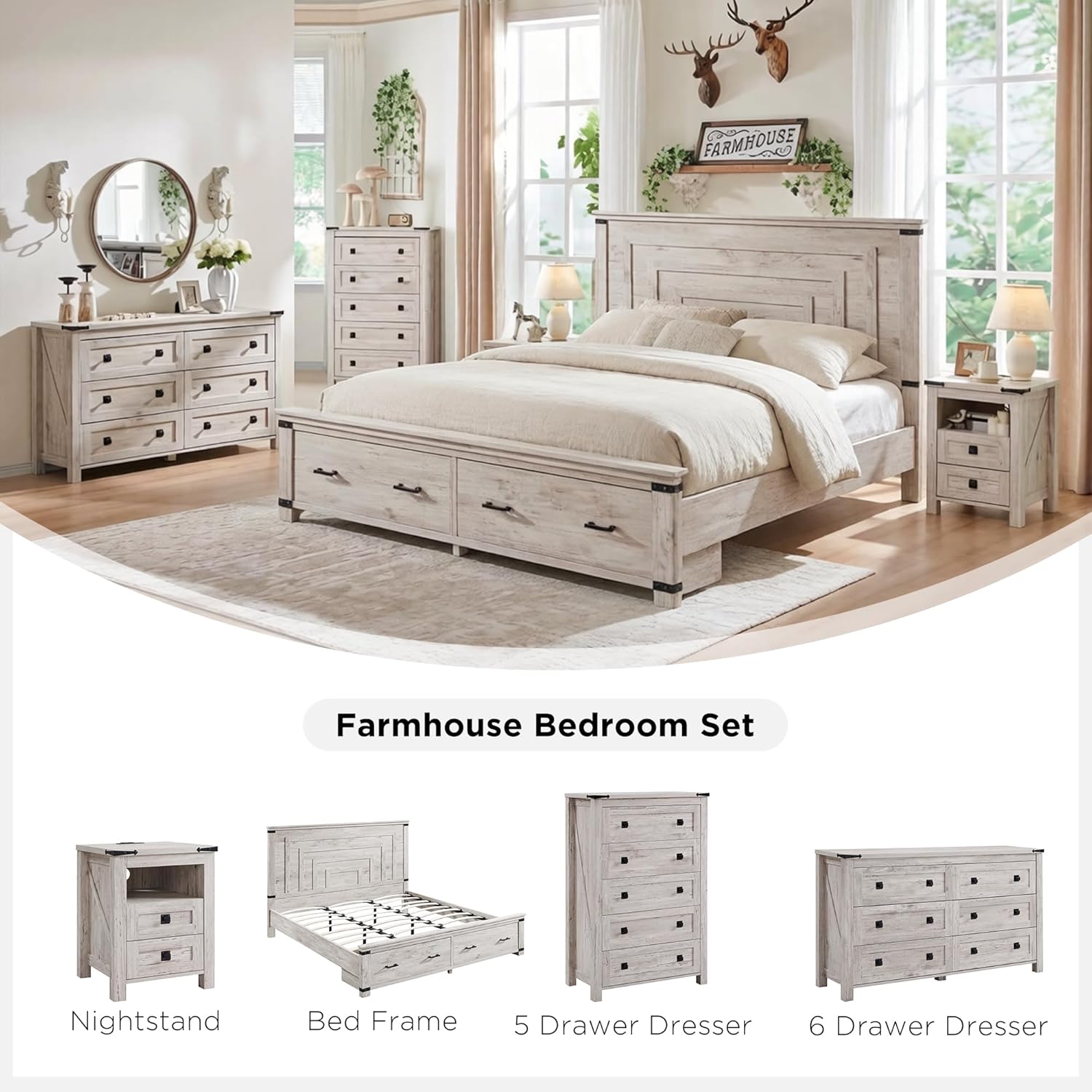 T4TREAM Nightstand with Charging Station, End Table, Side Table with 2 Drawers Storage Cabinet for Bedroom, Living Room, Farmhouse Design, Wood Rustic, Antique Brush White