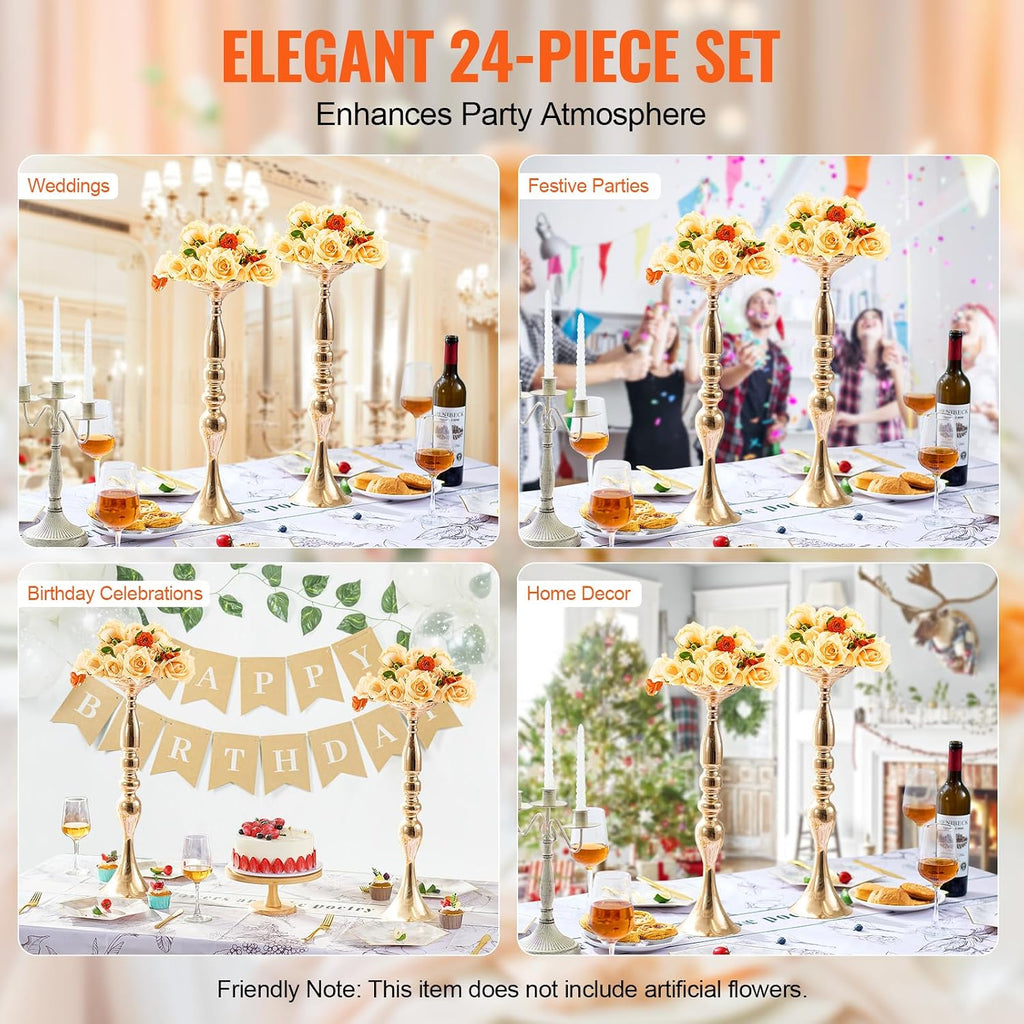 VEVOR 24PCS 50cm/19.7' Tall Wedding Flower Vase, Metal Wedding Centerpiece, Gold Floral Arrangement Stand Display Rack for Tables Wedding Dinner Party, Anniversary Ceremony Birthday Event Decor