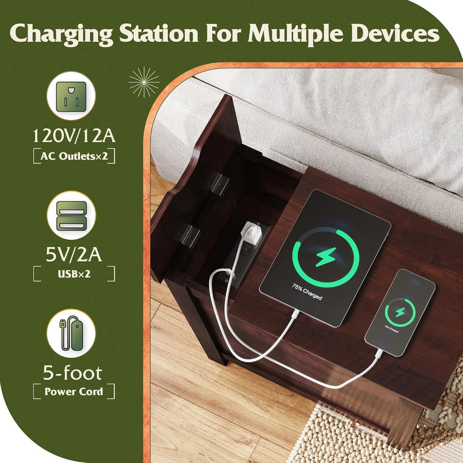 WLIVE Narrow End Table Set of 2 with Charging Station, Side Tables for Living Room, Small Spaces, Couch, Night Stand Set with Storage, USB Ports and Outlets,Brown