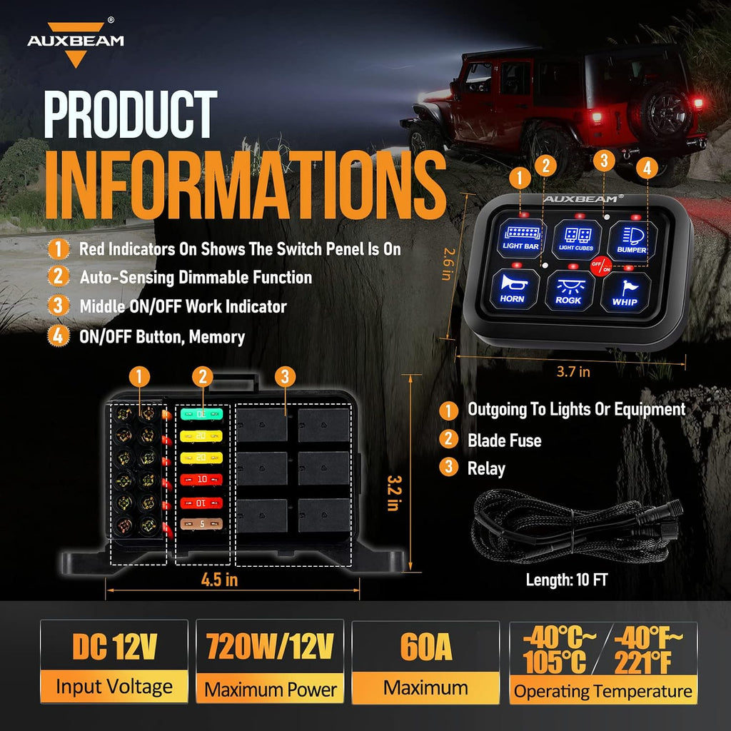 Auxbeam 6 Gang Switch Panel BC60 Universal Circuit Control Relay System Automatic Dimmable LED Switch Pod Touch Control Panel Switch Box for Car Truck Pickup Boat UTV SUV - Blue, 3 Years Warranty