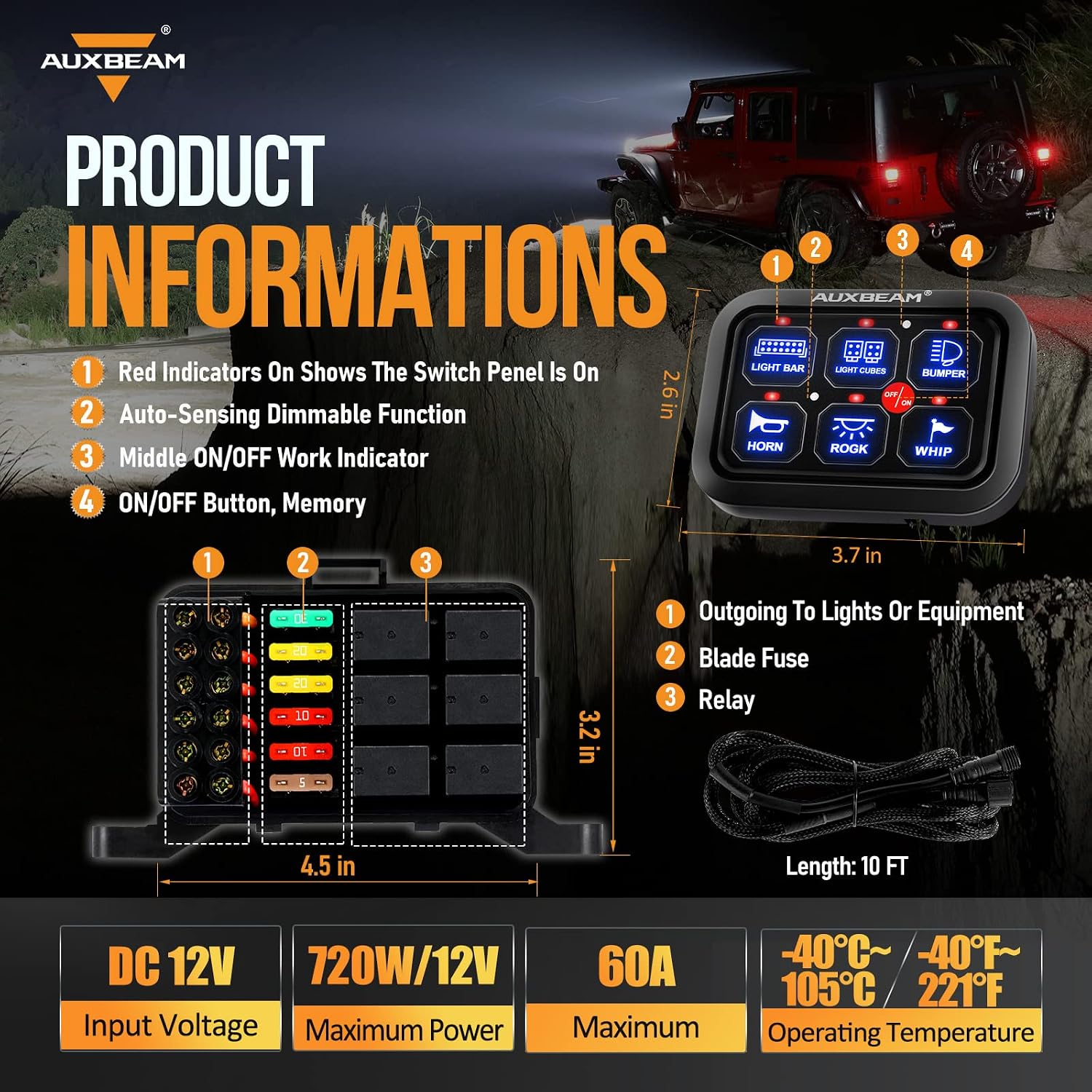 Auxbeam 6 Gang Switch Panel BC60 Universal Circuit Control Relay System Automatic Dimmable LED Switch Pod Touch Control Panel Switch Box for Car Truck Pickup Boat UTV SUV - Blue, 3 Years Warranty