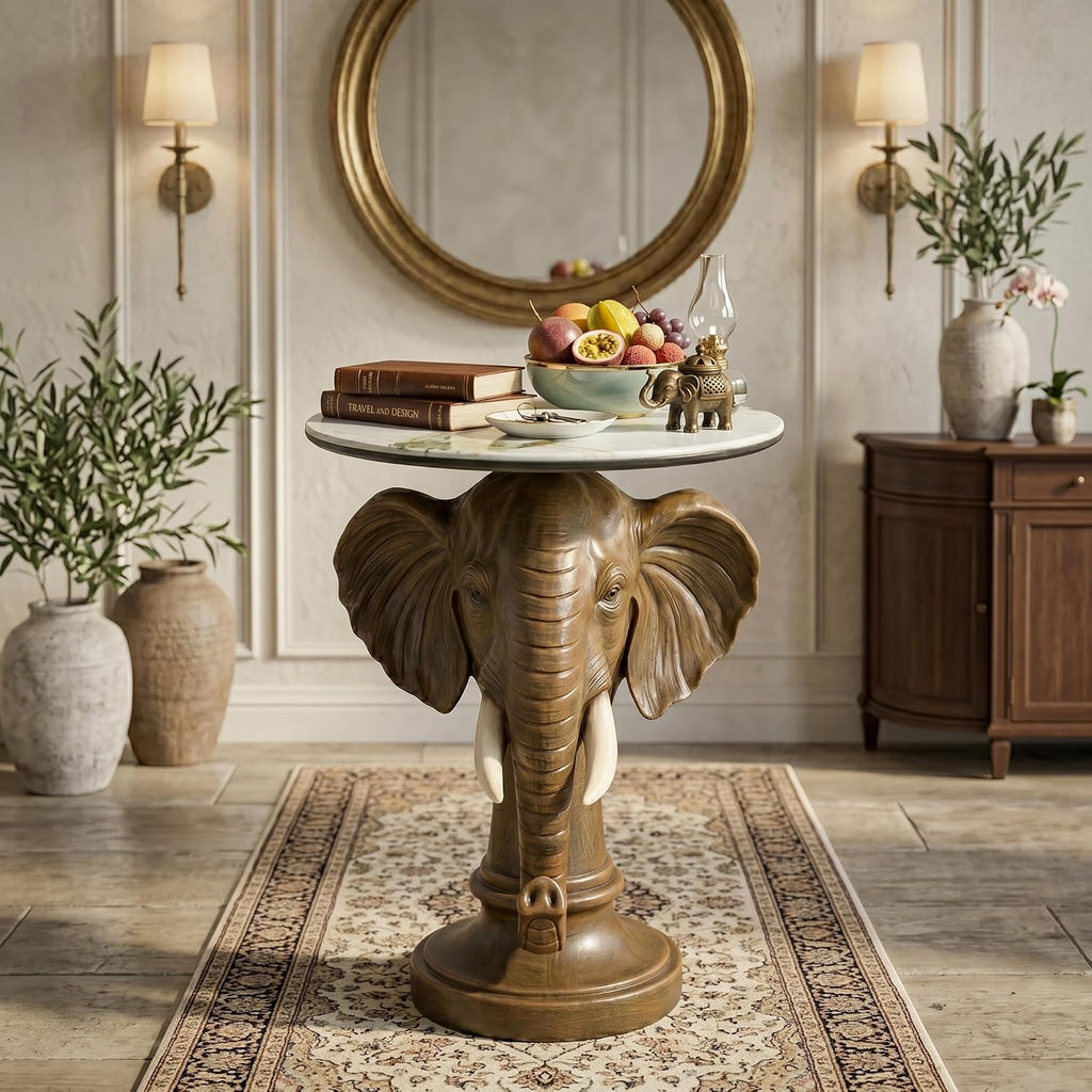 Elephant Sculptural Side Table, 19.69' W x 25.98' H Faux Marble Top, Animal End Table, Unique Accent Table for Living Room,Bedroom, Gift for Housewarming