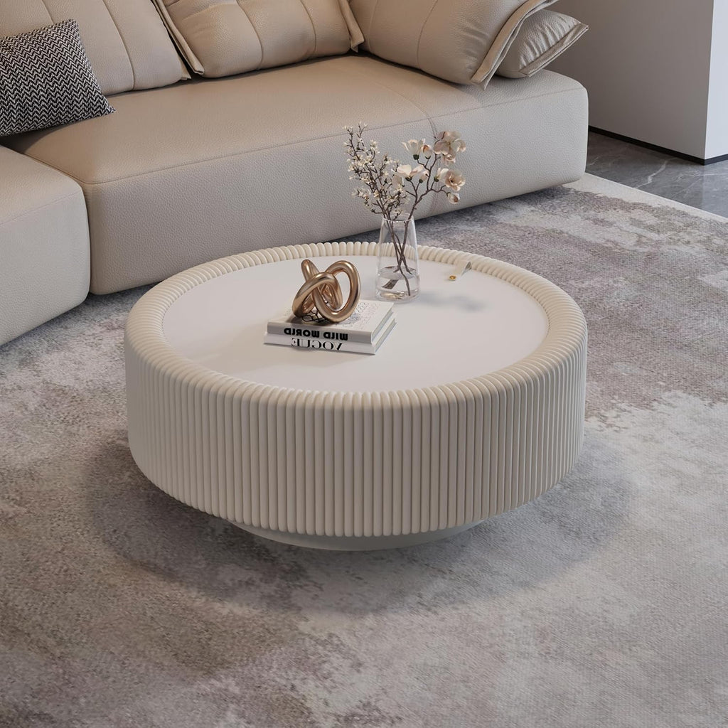 31.5' White Round Coffee Table with Storage, Tempered Glass Top PU Leather Body & Baked Enamel Base, Modern Minimalist Fluted Circle Center Tables for or Living Room, Bedroom, Apartment