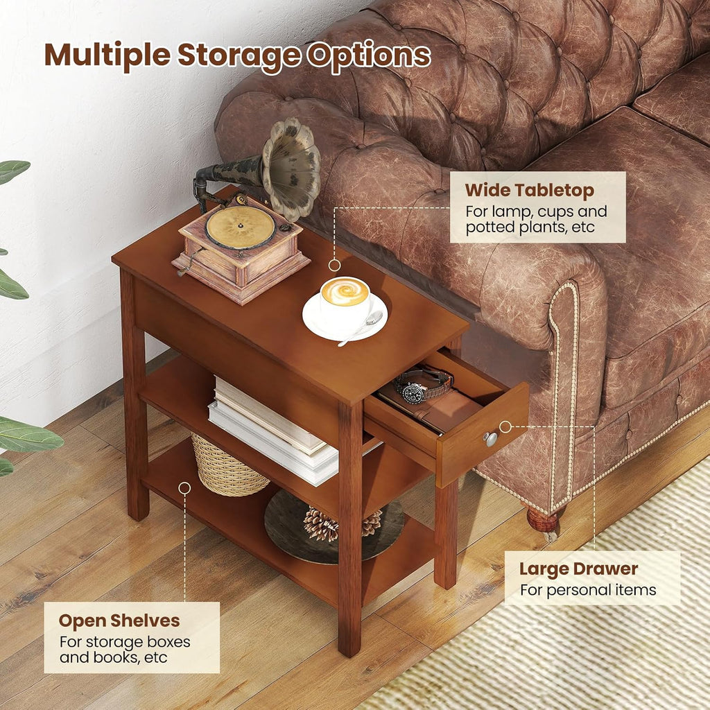 Giantex Narrow End Table Set of 2, Farmhouse Side Tables with Drawer & Storage Shelves, Wood Sofa Side Tables, 3-Tier Nightstands for Small Space, Living Room, Bedroom, 23.5'L x 12'W x 24.5'H, Brown