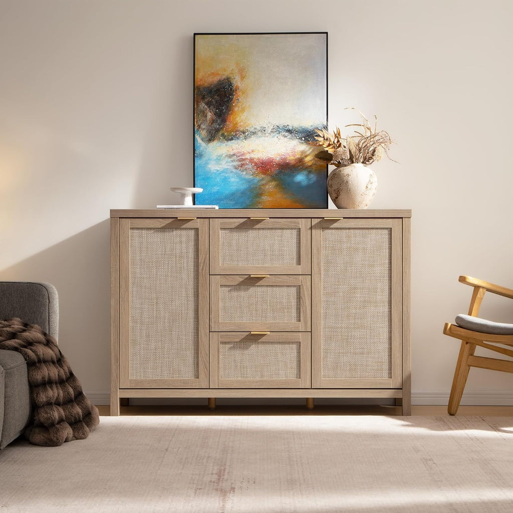 SICOTAS 52' Larger Sideboard Buffet Coffee Bar Cabinet with Storage - Farmhouse Rattan Credenza Storage Cabinet with 3 Drawers and 2 Doors, Boho Console Table for Living Room, Kitchen, Light Oak