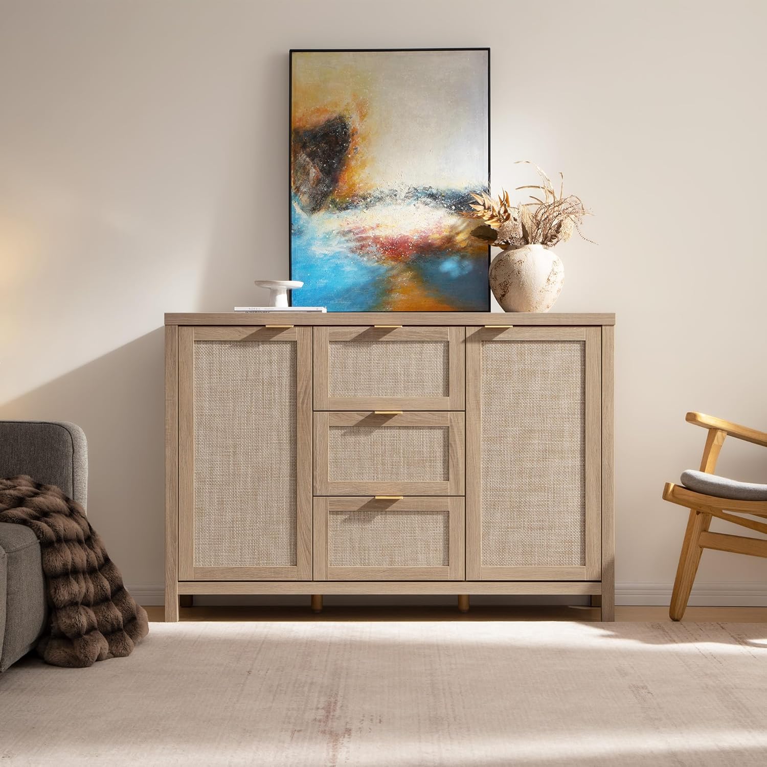 SICOTAS 52' Larger Sideboard Buffet Coffee Bar Cabinet with Storage - Farmhouse Rattan Credenza Storage Cabinet with 3 Drawers and 2 Doors, Boho Console Table for Living Room, Kitchen, Light Oak