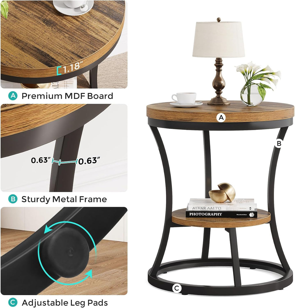 Round End Table Set of 2, 2 Tier Industrial Side Table, Accent Bedside Table Nightstand with Metal Frame for Living Room, Bedroom, Small Spaces, Easy Assembly, Rustic Brown & Black