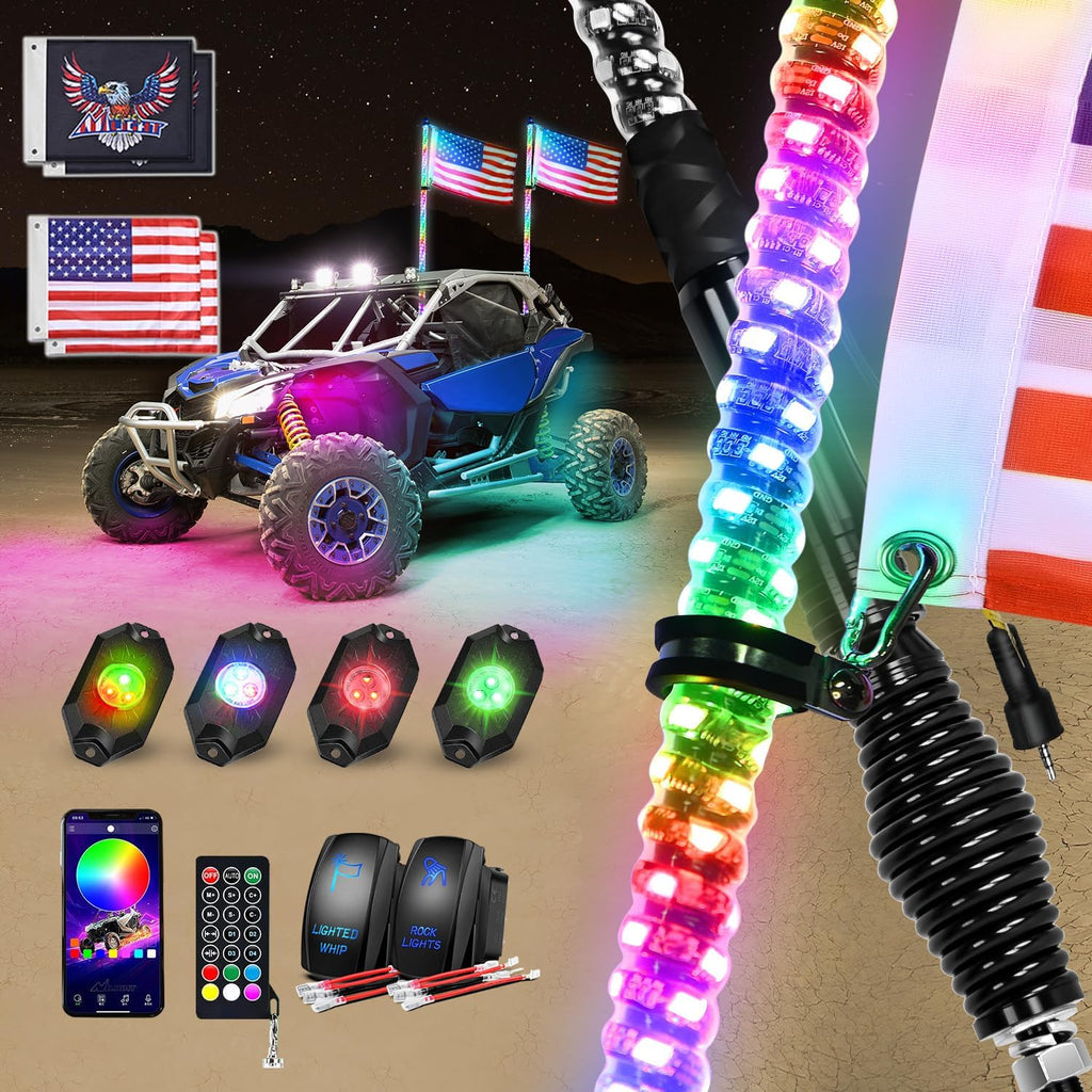 Nilight 2PCS 3FT RGB LED Whip Light with Spring Base and 4 PCS Rock Lights Combo, Remote App Control w/DIY Chasing Patterns Turn Signal Brake Reverse Antenna Lighted Whips for ATV UTV Polaris RZR Jeep