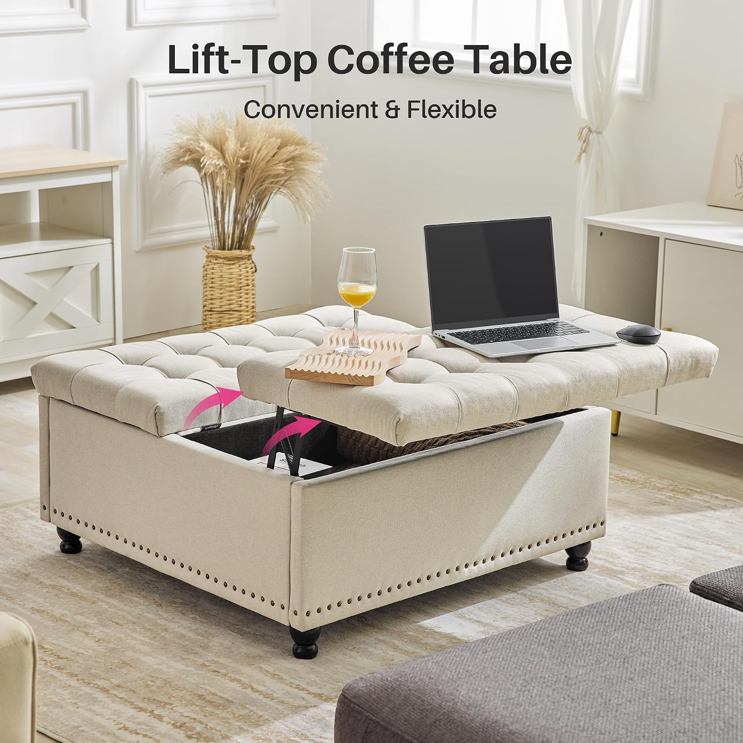 Redlife 35 Inch Large Square Storage Ottoman, Storage Ottoman Coffee Table with Lift Top Linen Ottomans Bench Square Footrest Oversized Upholstered Coffee Table for Living Room Bedroom (Beige)