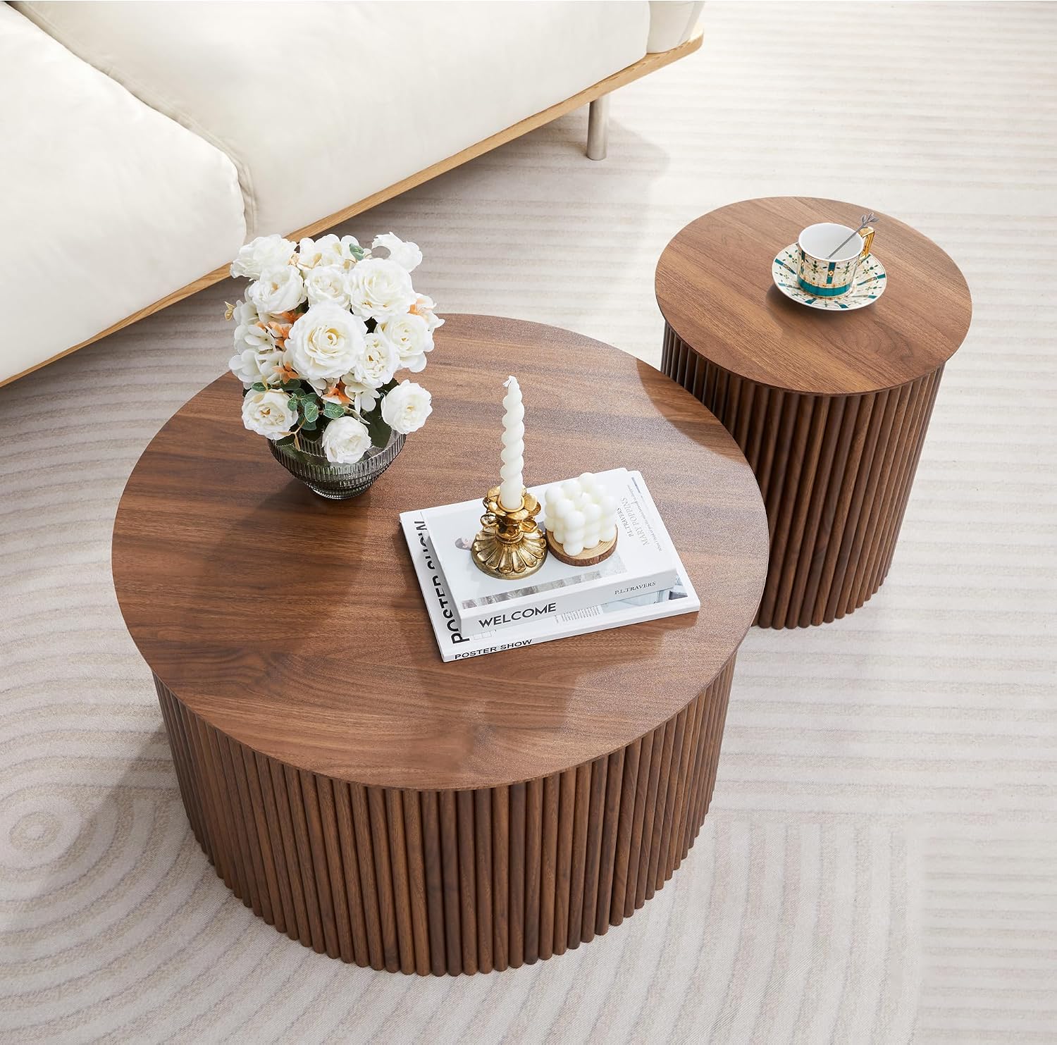 Fluted Round Nesting Coffee Table Set of 2, Mid Century Modern Wood Coffee Table and End Table Set, Minimalist Center Tables Circle Side Table for Living Room, Office(Walnut)