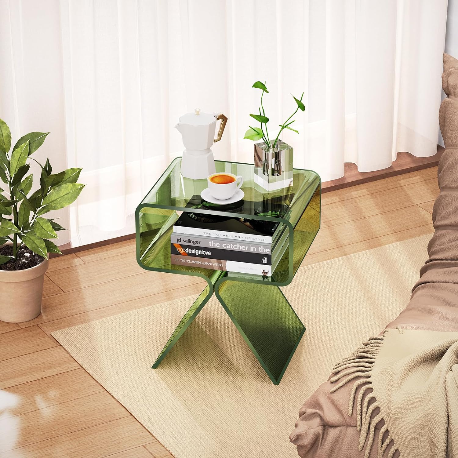 Acrylic Nightstand Side Table Modern Design Clear Home Decor Display End Table for Living Room (Green)