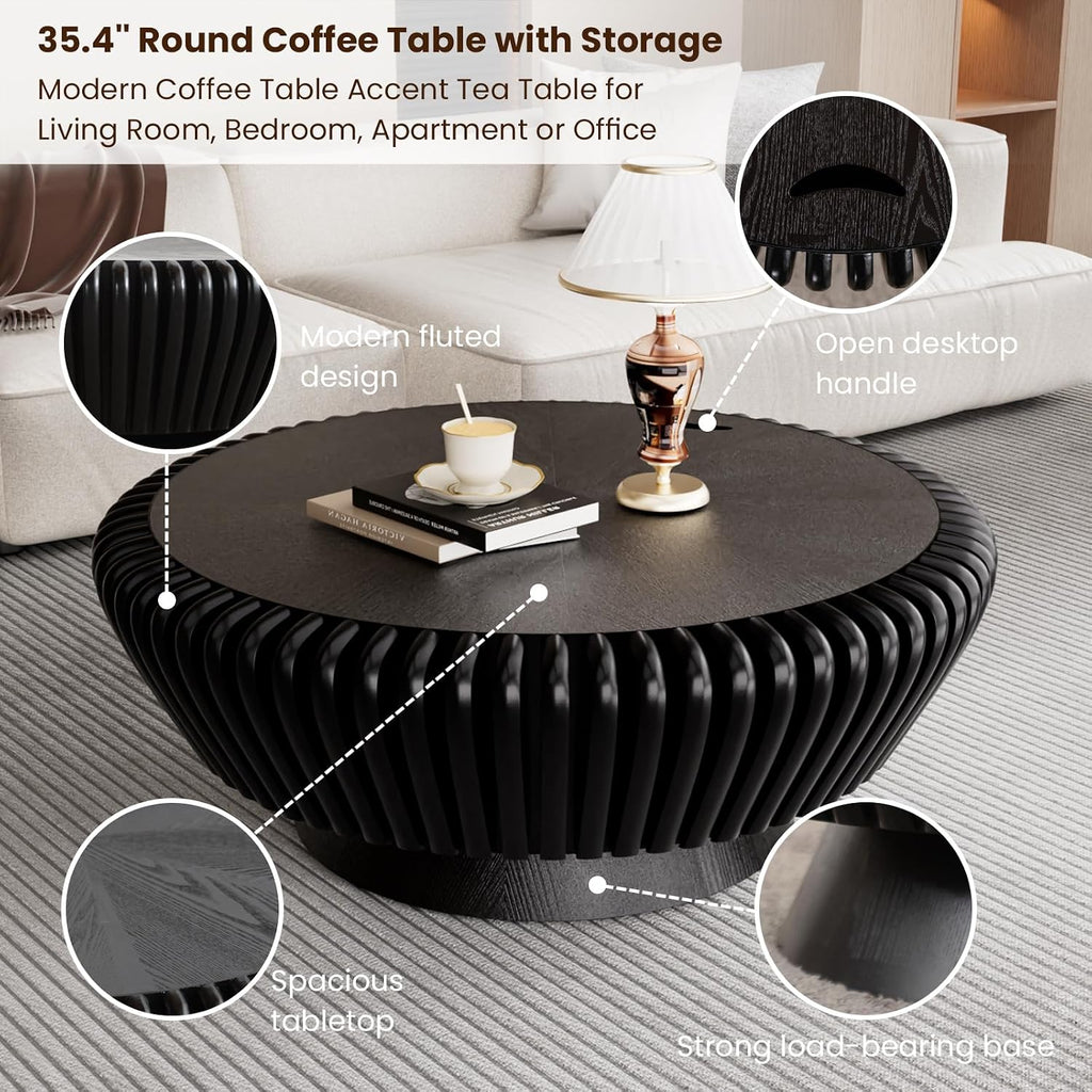 Round Coffee Table with Storage, Mid Century Modern Drum Coffee Table for Living Room, Fluted Circle Center Table with Sturdy Pedestal, Accent Tea Table for Apartment (35.4' Black with Storage)