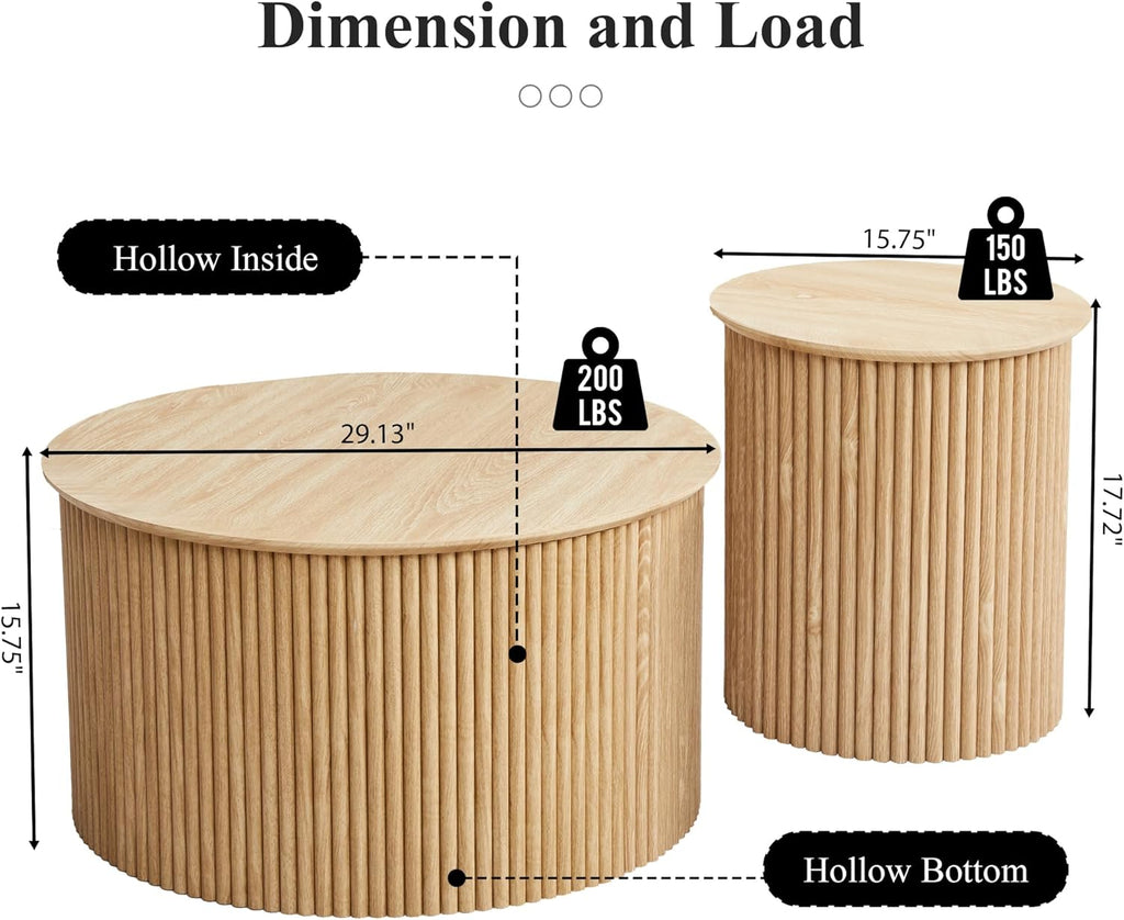 Fluted Round Nesting Coffee Table Set of 2, Mid Century Modern Wood Coffee Table and End Table Set, Minimalist Center Tables Circle Side Table for Living Room, Office(Natural)
