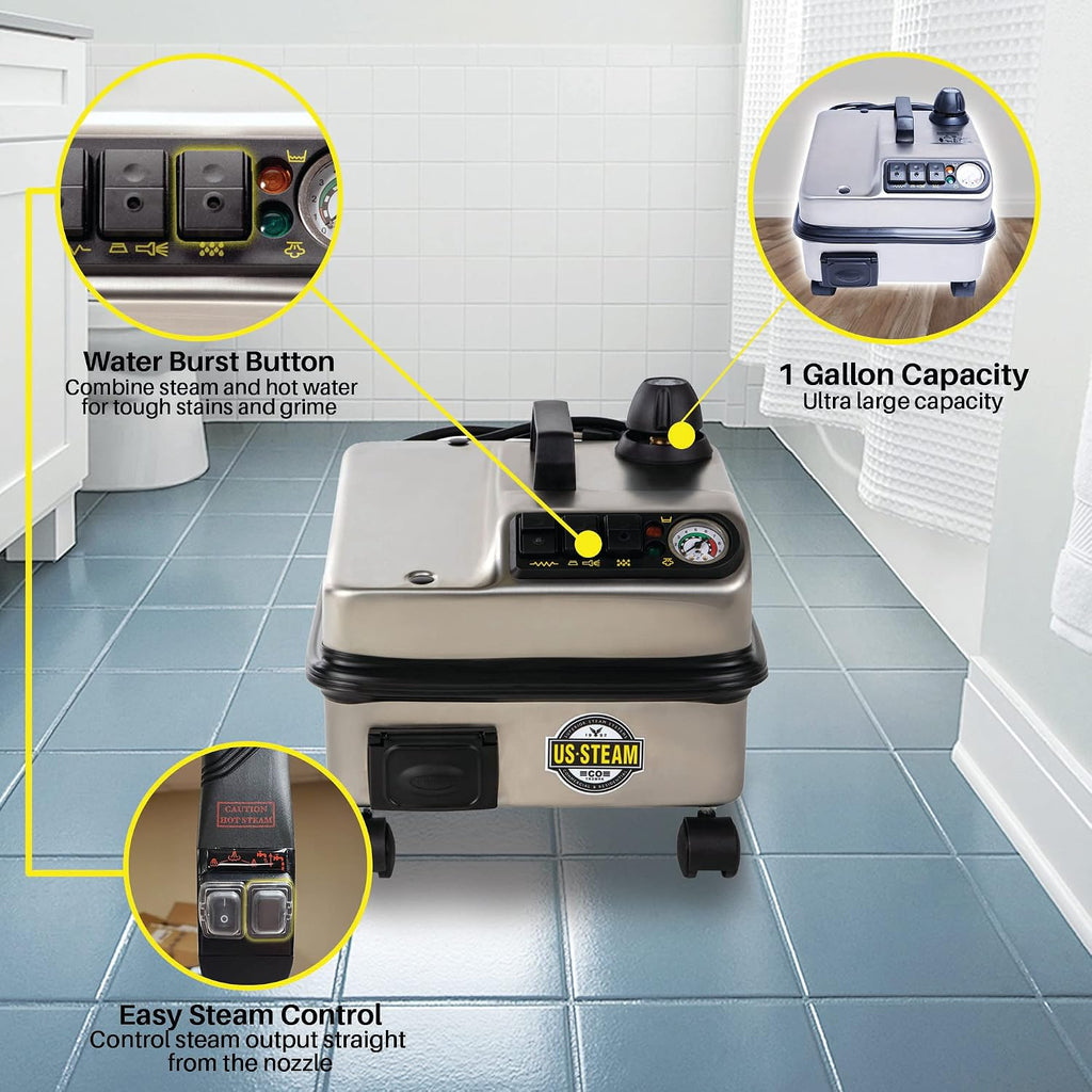 US Steam FALCON™ Commercial Steam Cleaner | 1800 W | Lightweight, Durable, Stainless Steel | 305*F & 70PSI | Hot Water Burst Feature | Long 12ft Hose | 1 gal. Boiler | Great for Auto Detailing