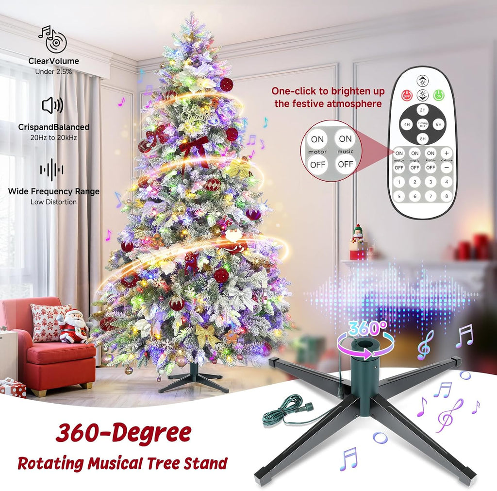 ASOMST Pre-lit Artificial Christmas Tree with Music Sync, Rotating & Foldable Stand, 9ft Snow Flocked Xmas Trees with Remote for Home Décor, 2512 Branch Tips, 600 RGB & Warm White Light