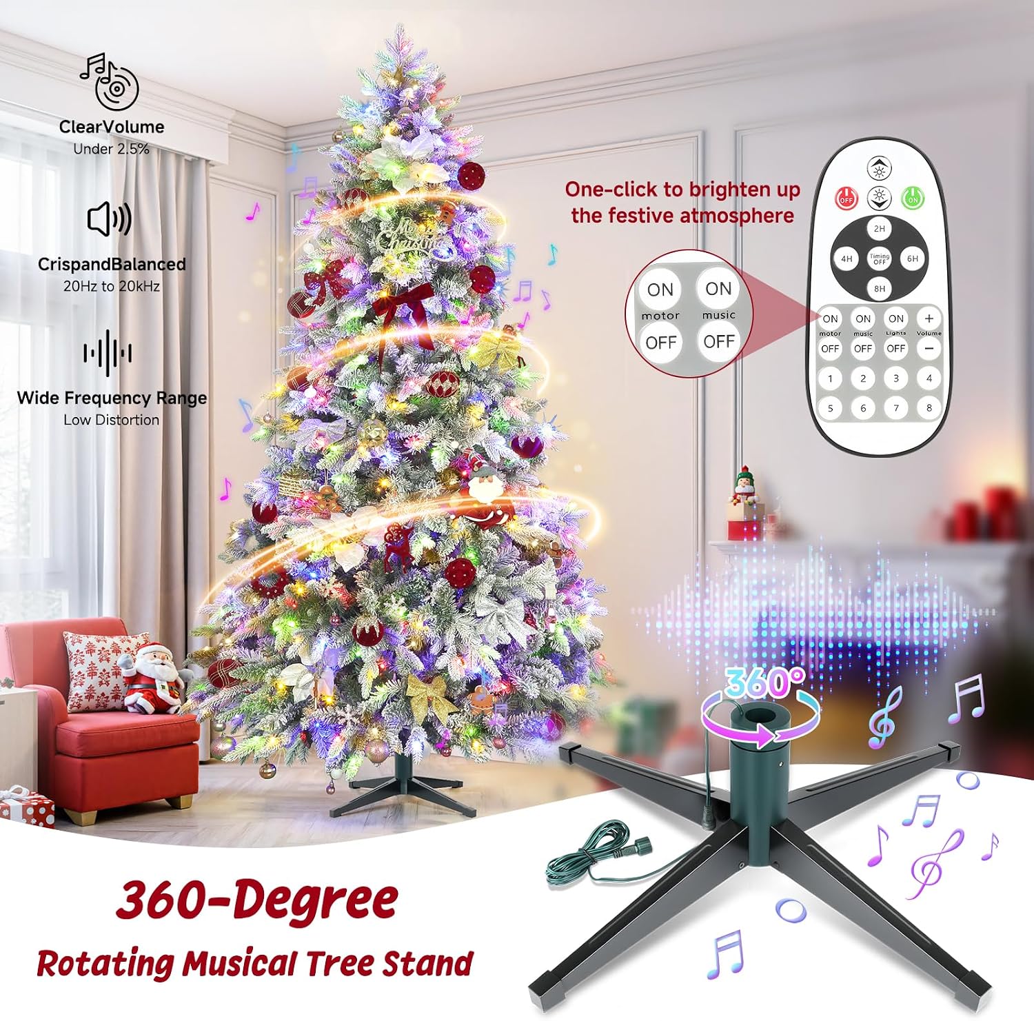 ASOMST Pre-lit Artificial Christmas Tree with Music Sync, Rotating & Foldable Stand, 9ft Snow Flocked Xmas Trees with Remote for Home Décor, 2512 Branch Tips, 600 RGB & Warm White Light