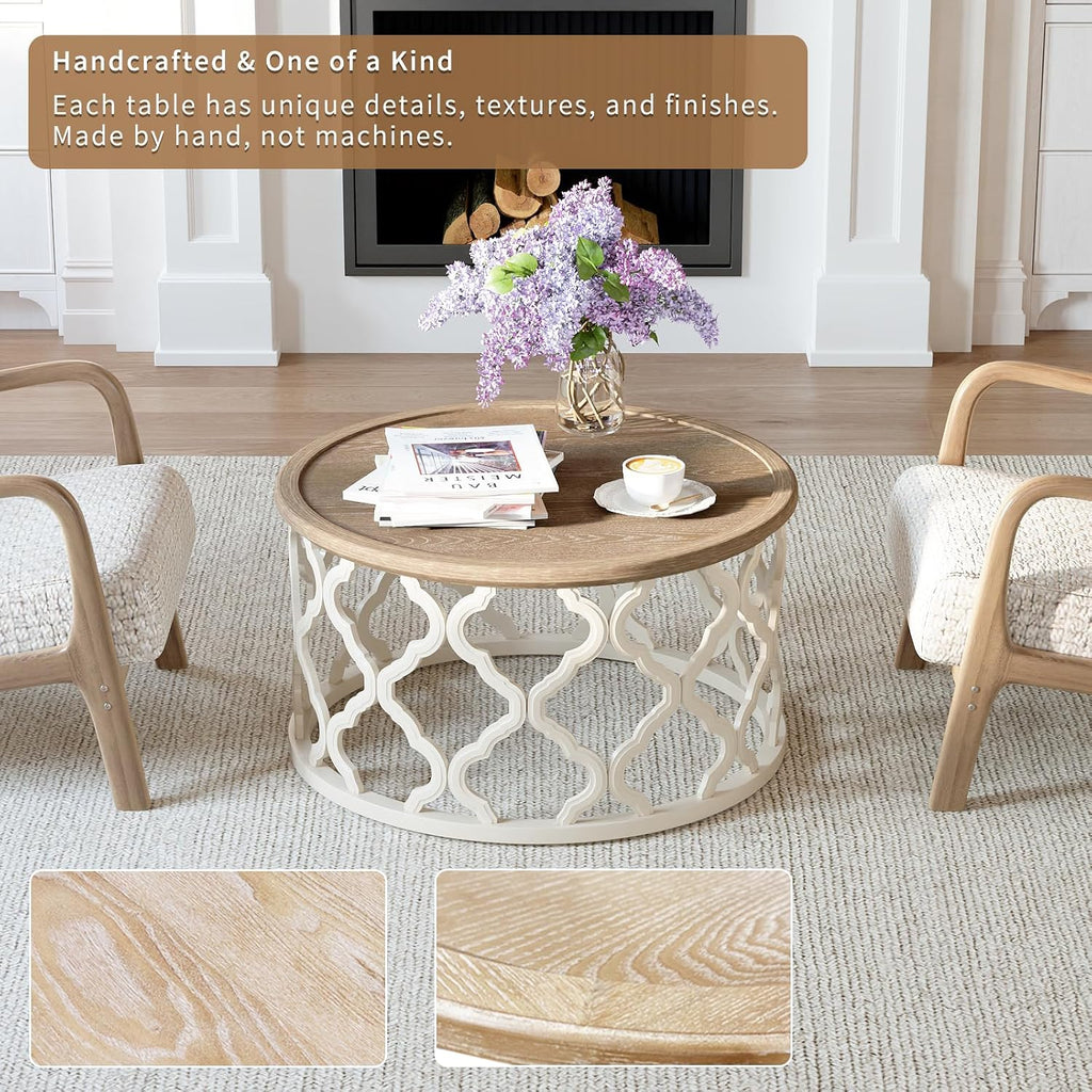 Farmhouse Coffee Table, French Country Round Coffee Table with Distressed Tray Top, Coastal Coffee Table with Curved Motif Frame Base, Boho Center Table for Living Room, Dining Room, Bedroom, Beige