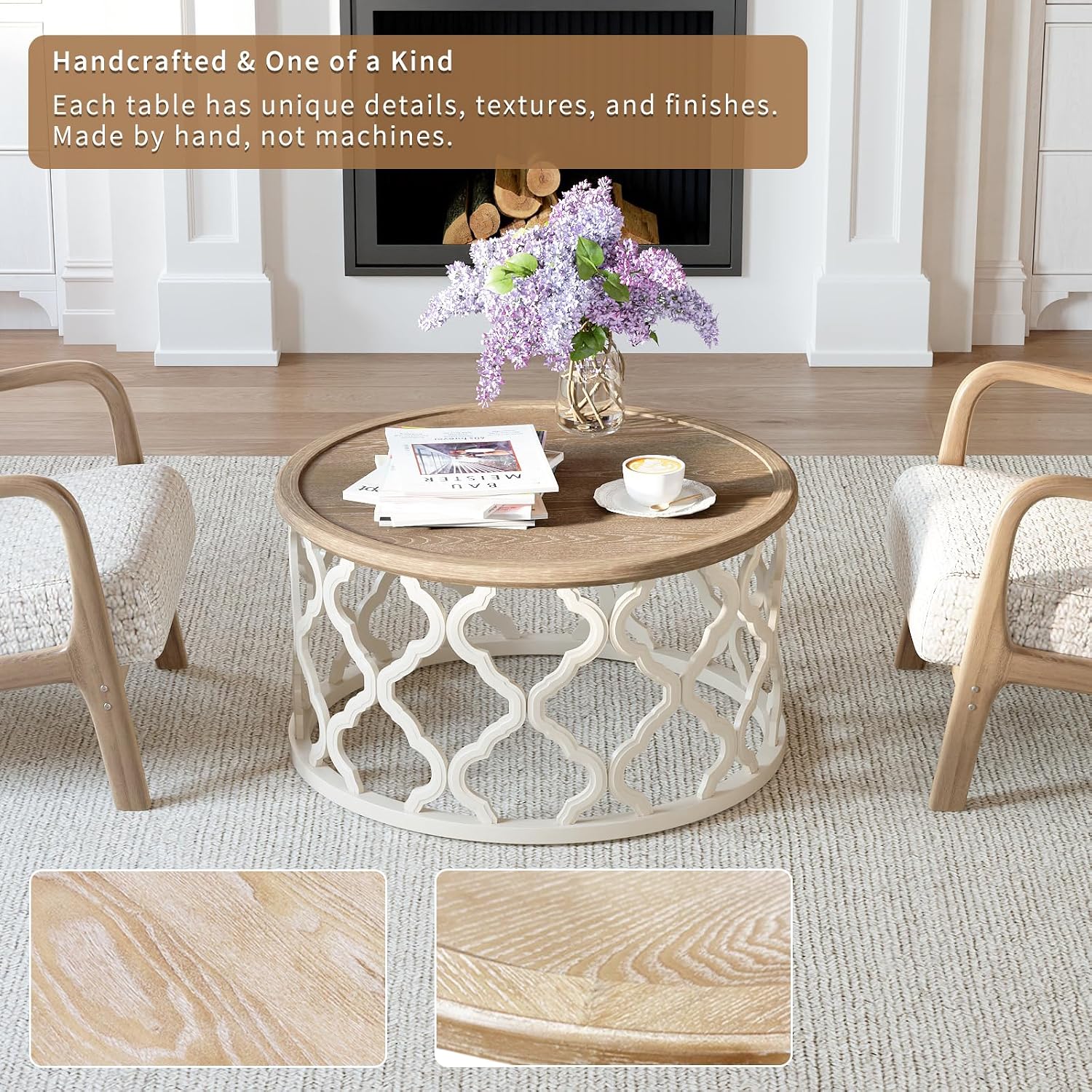 Farmhouse Coffee Table, French Country Round Coffee Table with Distressed Tray Top, Coastal Coffee Table with Curved Motif Frame Base, Boho Center Table for Living Room, Dining Room, Bedroom, Beige