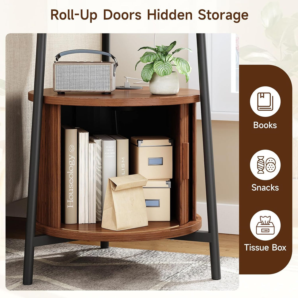 ONBRILL Round Side Table with Storage, Fluted Nightstand with Charging Station, Small Mid-Century Modern Bedside Tables, Walnut End Tables for Small Space Living Room Bedroom Sofa Couch (2 PCS)