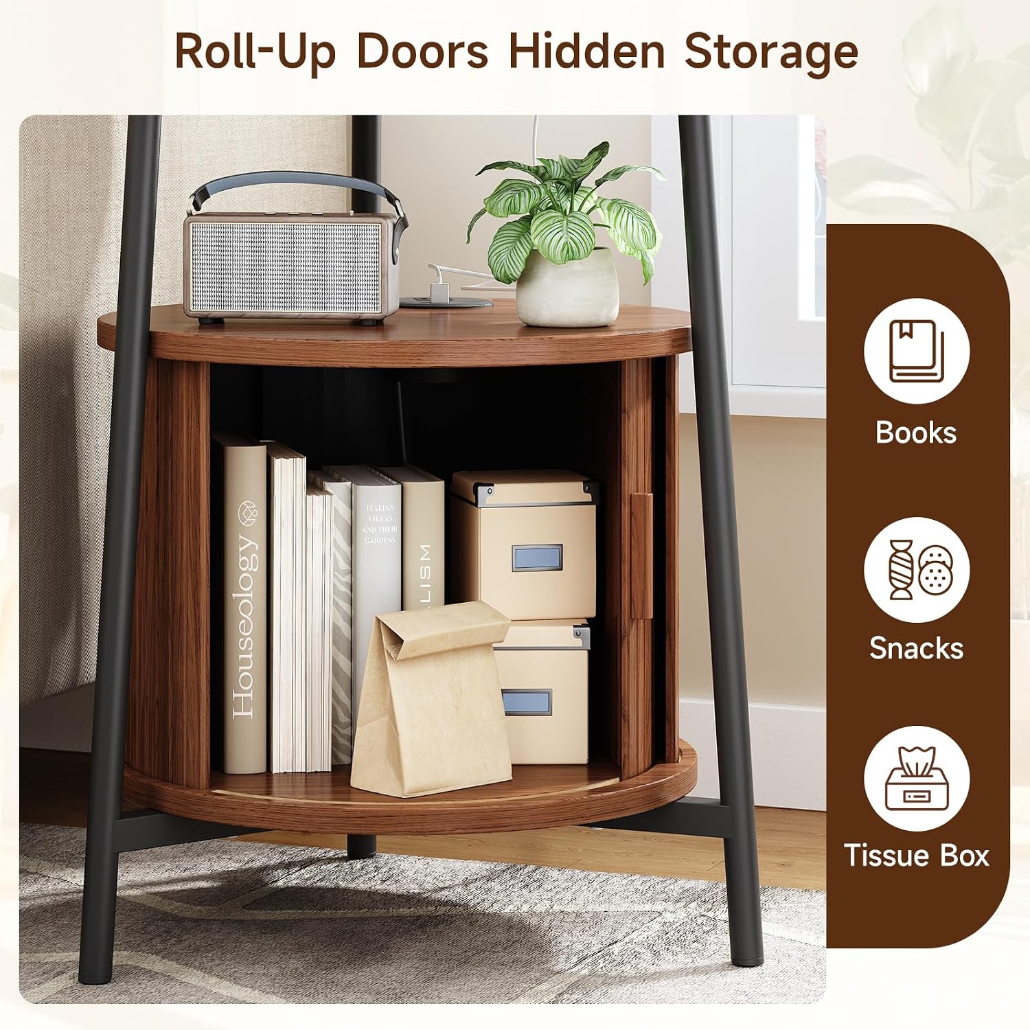 ONBRILL Round Side Table with Storage, Fluted Nightstand with Charging Station, Small Mid-Century Modern Bedside Tables, Walnut End Tables for Small Space Living Room Bedroom Sofa Couch (2 PCS)