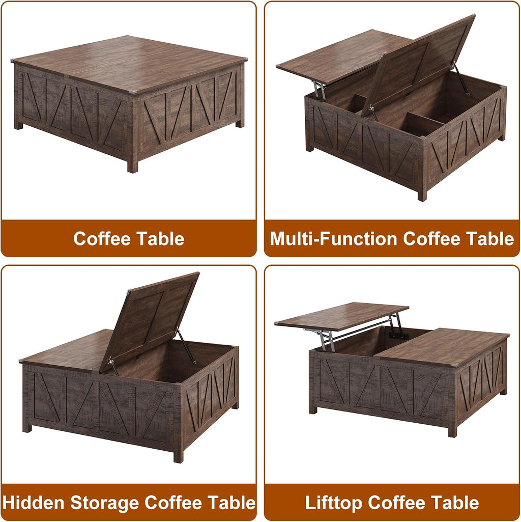 chartustriable 43.3' Lift Top Coffee Table with Storage, Farmhouse Coffee Table with Large Hidden Storage Compartment and Shelves，Square Center Tables for Living Room, Tea Table Dark Brown