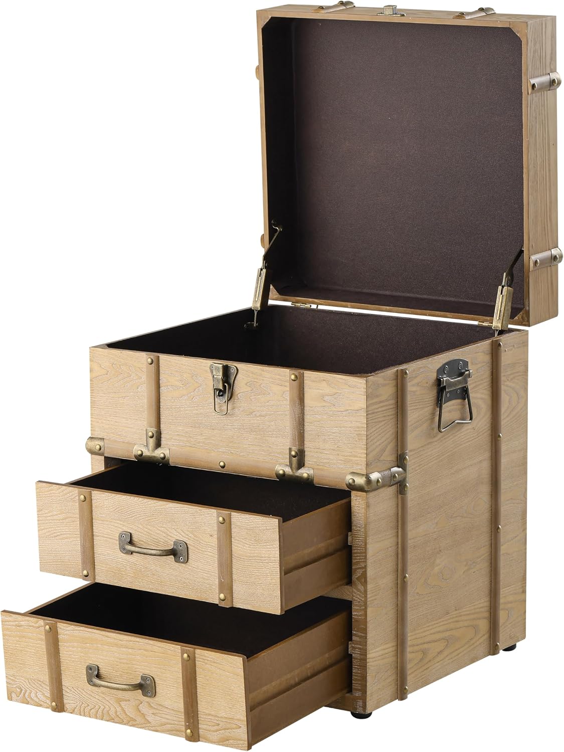 Aoikax Vintage Storage Chest with Buckle Hinged Top, Wood Accent End Side Table for Living Room, Office, Bedroom, Rectangle, Retro Brown