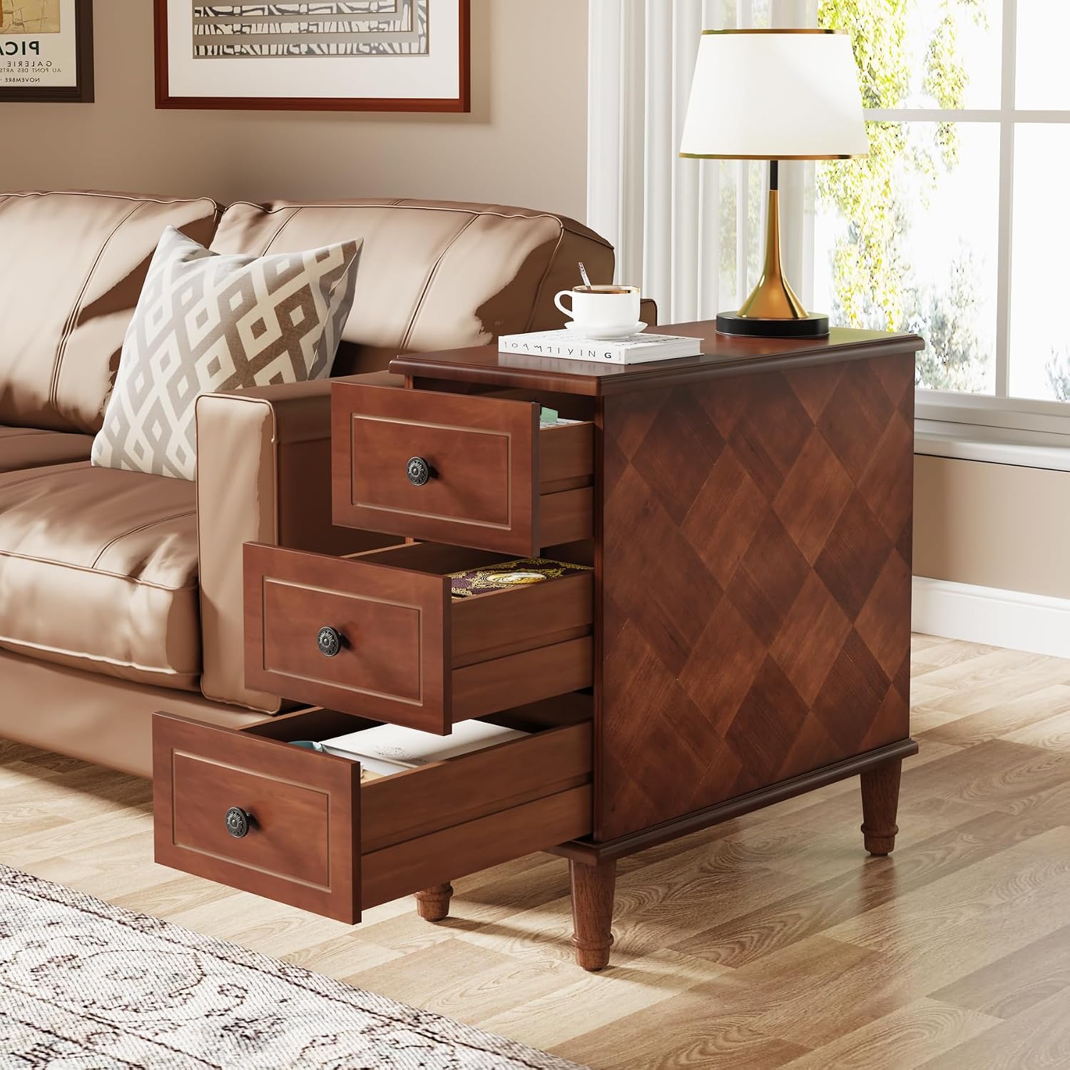 LITTLE TREE Fully Assembled End Table, Set of 2 Narrow Side Table with 3 Drawers, Pre-Assembled Nightstand Slim Bedside Table for Small Spaces, Living Room, Bedroom, Brown