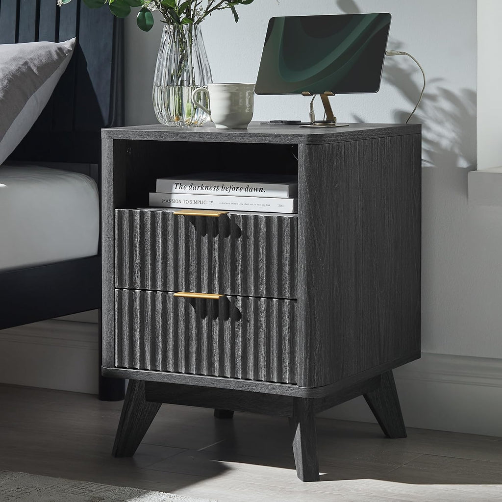T4TREAM Fluted Nightstand Set of 2 with Charging Station, 18' Modern Side Table, 2 Drawers End Table with Storage, Bedside for Bedroom, Living Room, Curved Profile Design, Dark Alder