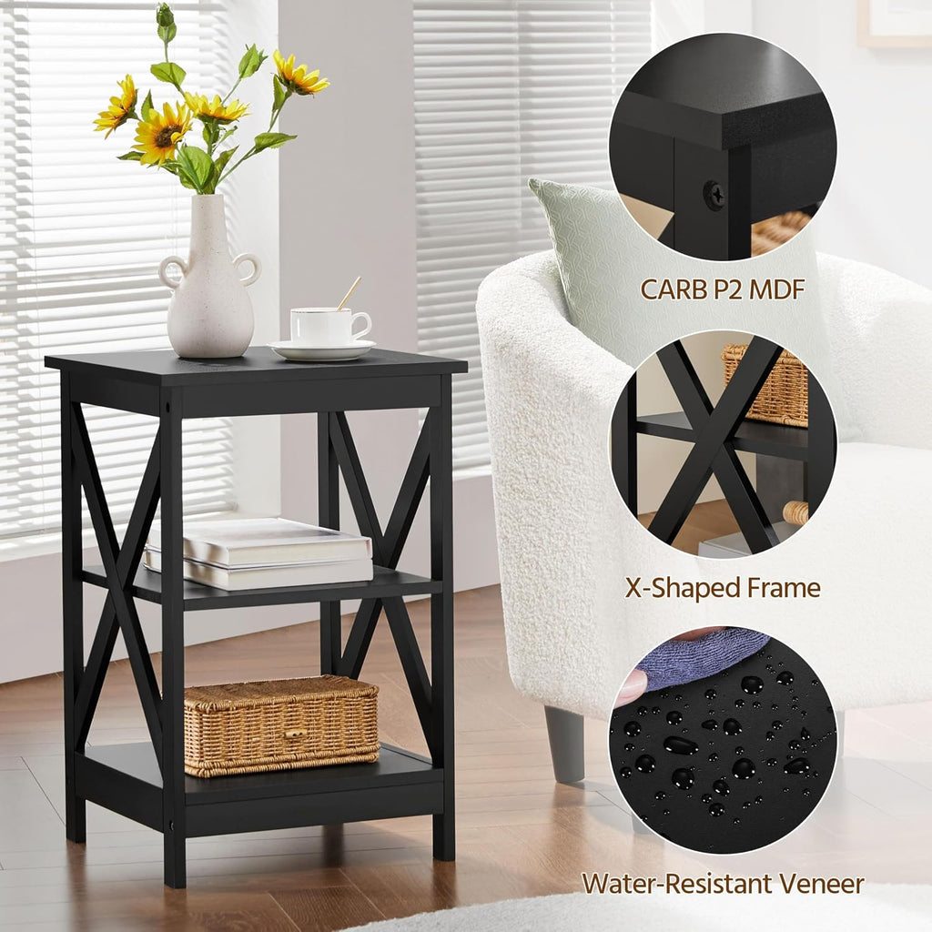 Yaheetech Wood Living Room 3-Piece Table Sets - Includes X-Design Coffee Table & Two 3-Tier End Side Tables, Easy Assembly Home Accent Furniture, Black