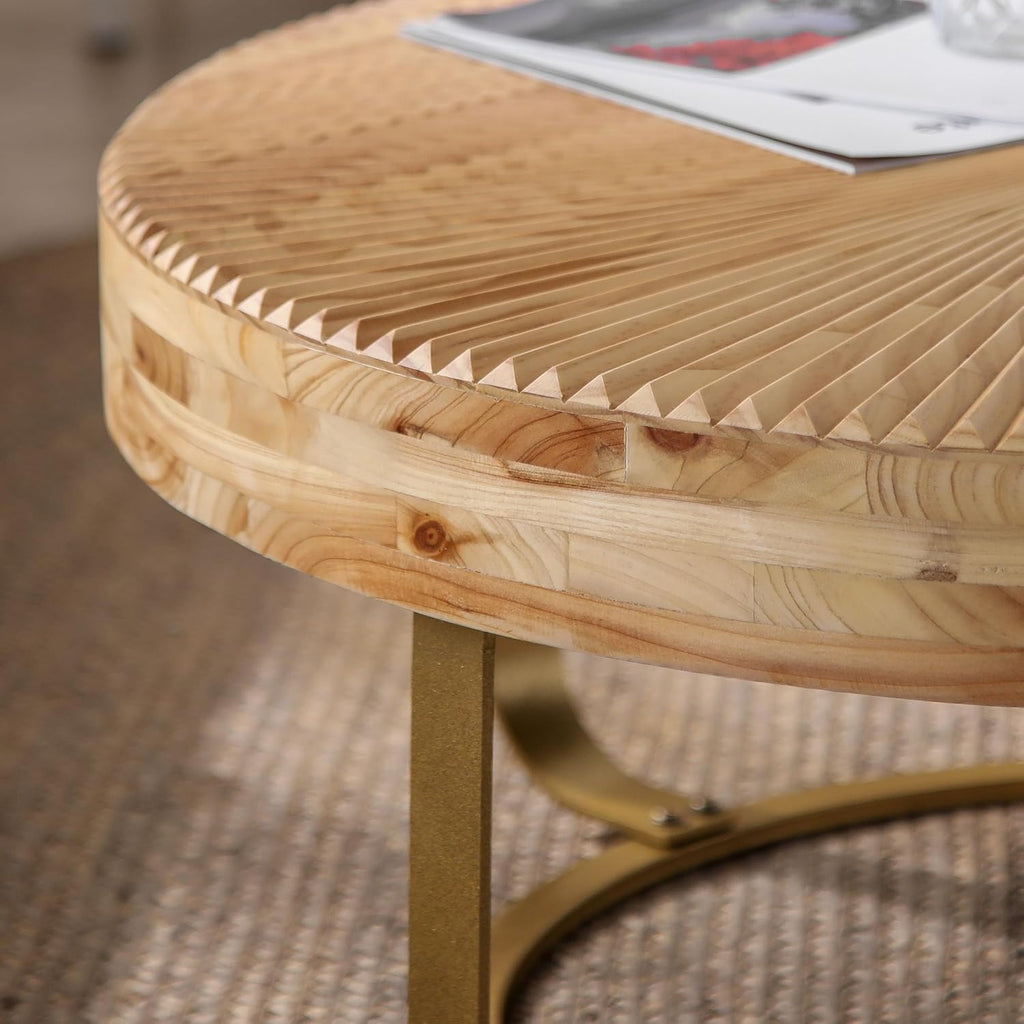 Wood Round Coffee Table, Farmhouse Circle Coffee Table with Metal Base, 31.5' Round Center Table for Living Room Office Natura