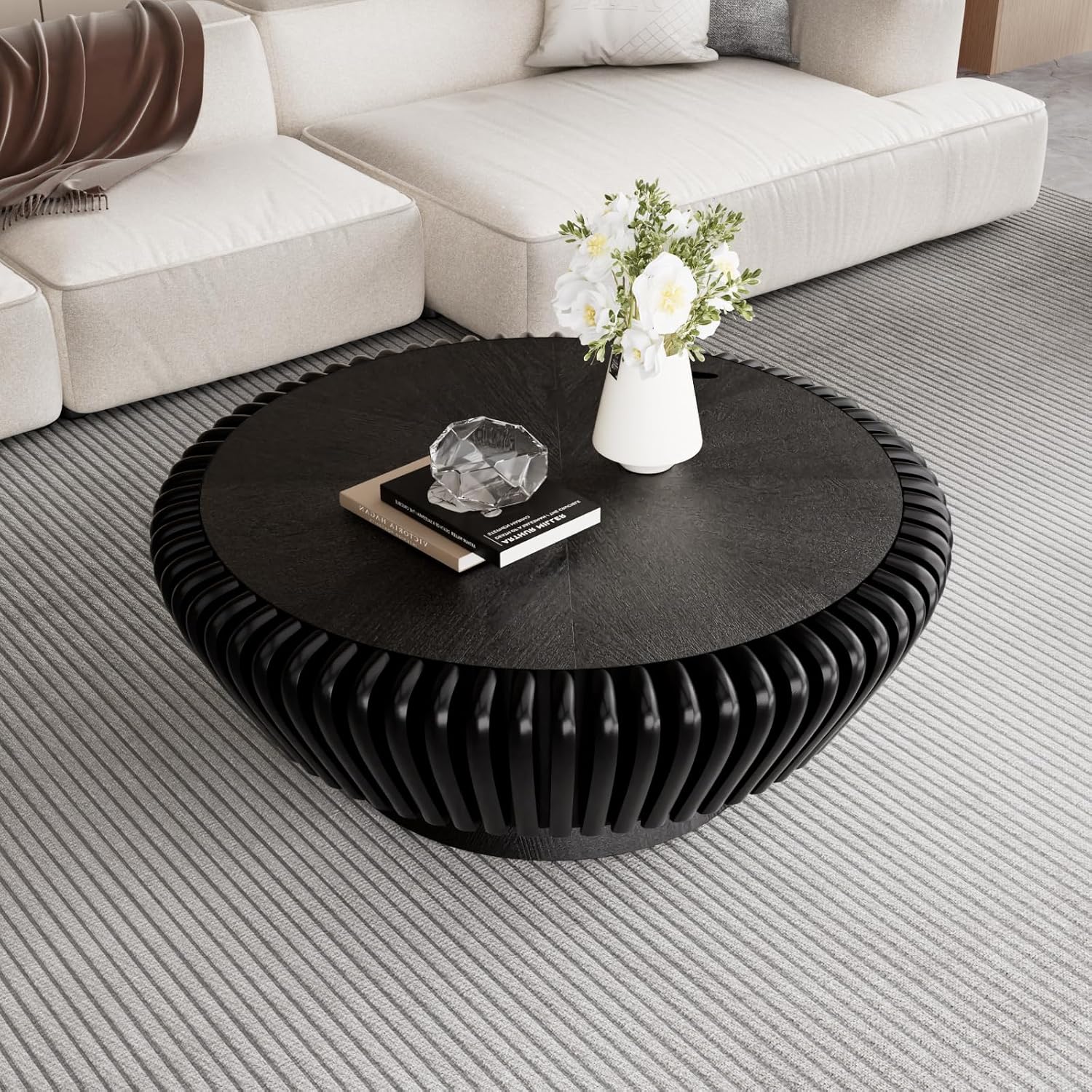 Round Coffee Table with Storage, Mid Century Modern Drum Coffee Table for Living Room, Fluted Circle Center Table with Sturdy Pedestal, Accent Tea Table for Apartment (35.4' Black with Storage)
