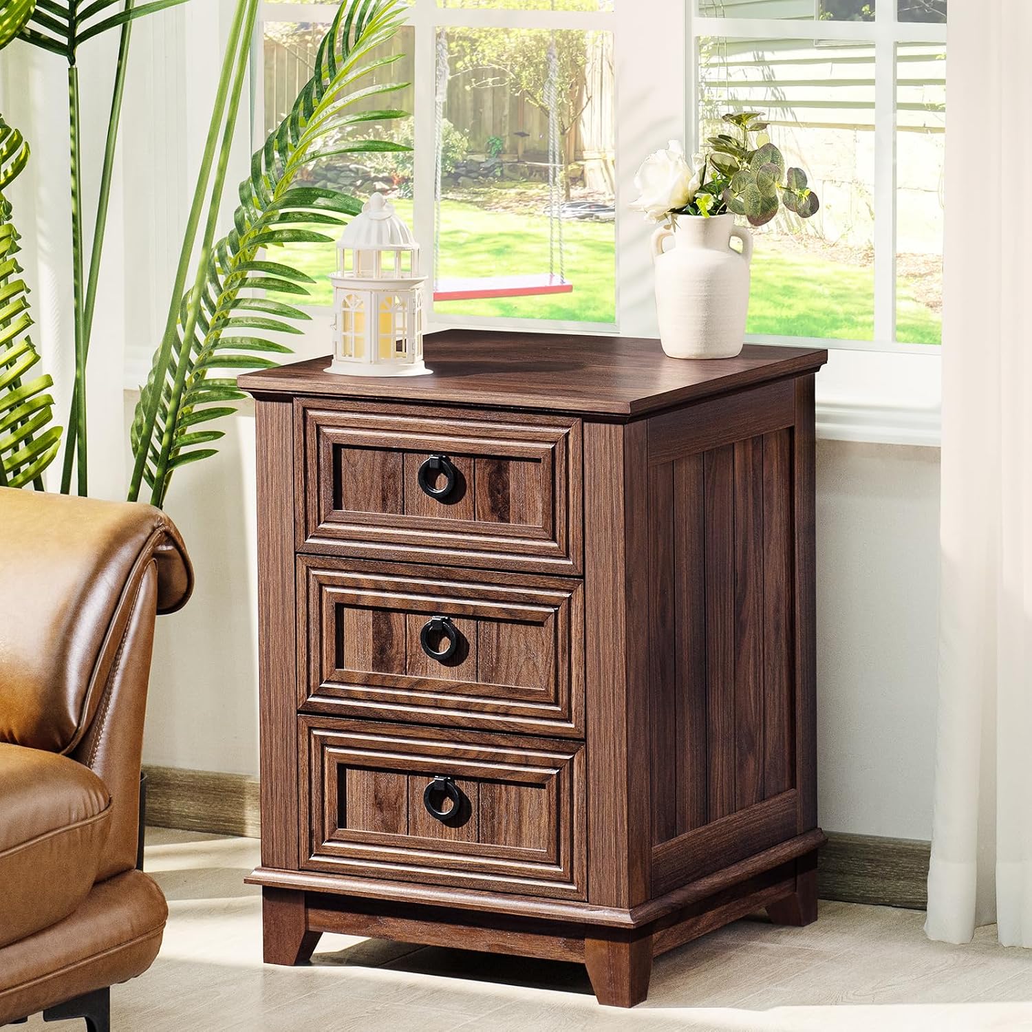 Joaxswe 18' Farmhouse Night Stand with 3 Drawers, Wood End Table Dresser for Bedroom, Retro Nightstand, Bed Side Table with Metal Handle, Bedside Cabinet for Bedroom Living Room, Closet