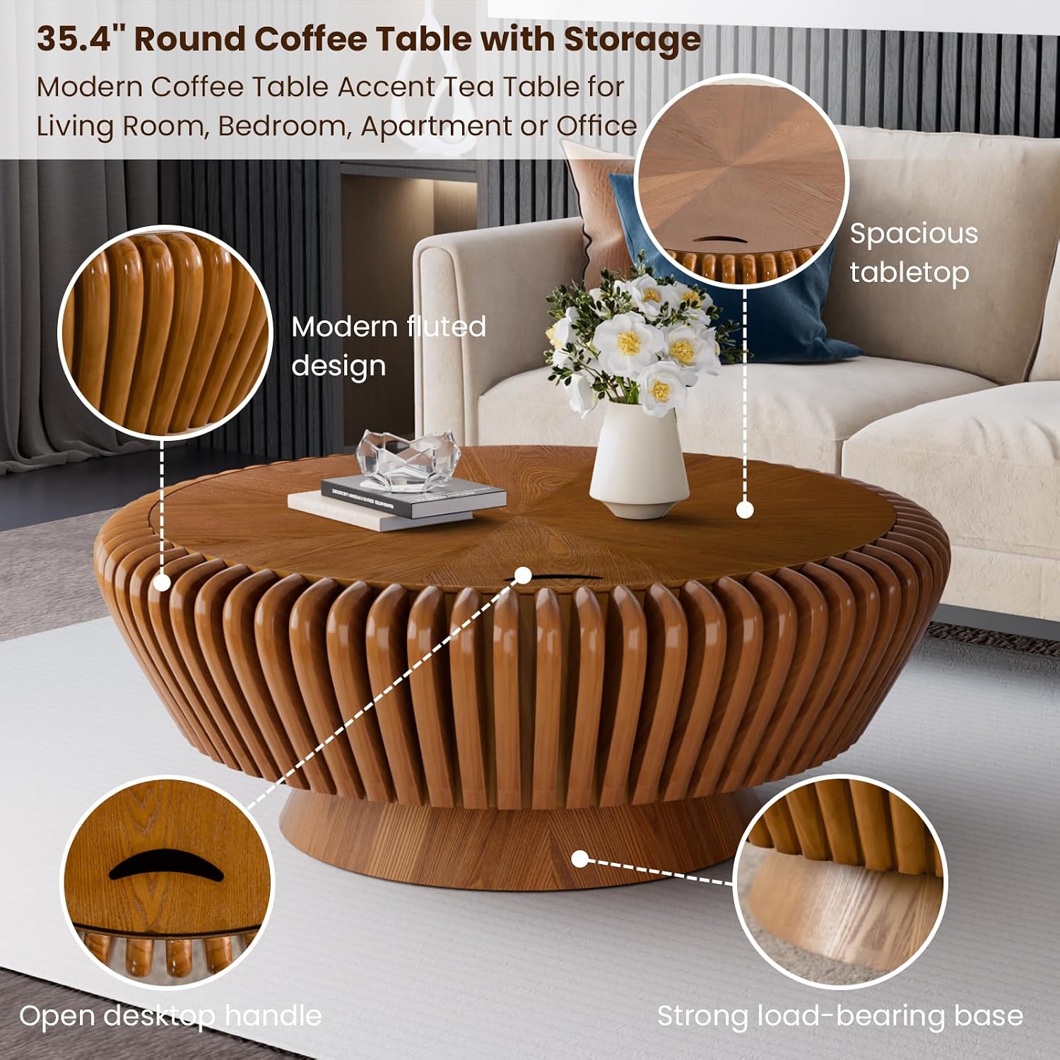 Round Coffee Table with Storage, Mid Century Modern Drum Coffee Table for Living Room, Fluted Circle Center Table with Sturdy Pedestal, Accent Tea Table for Apartment (35.4' Brown with Storage)