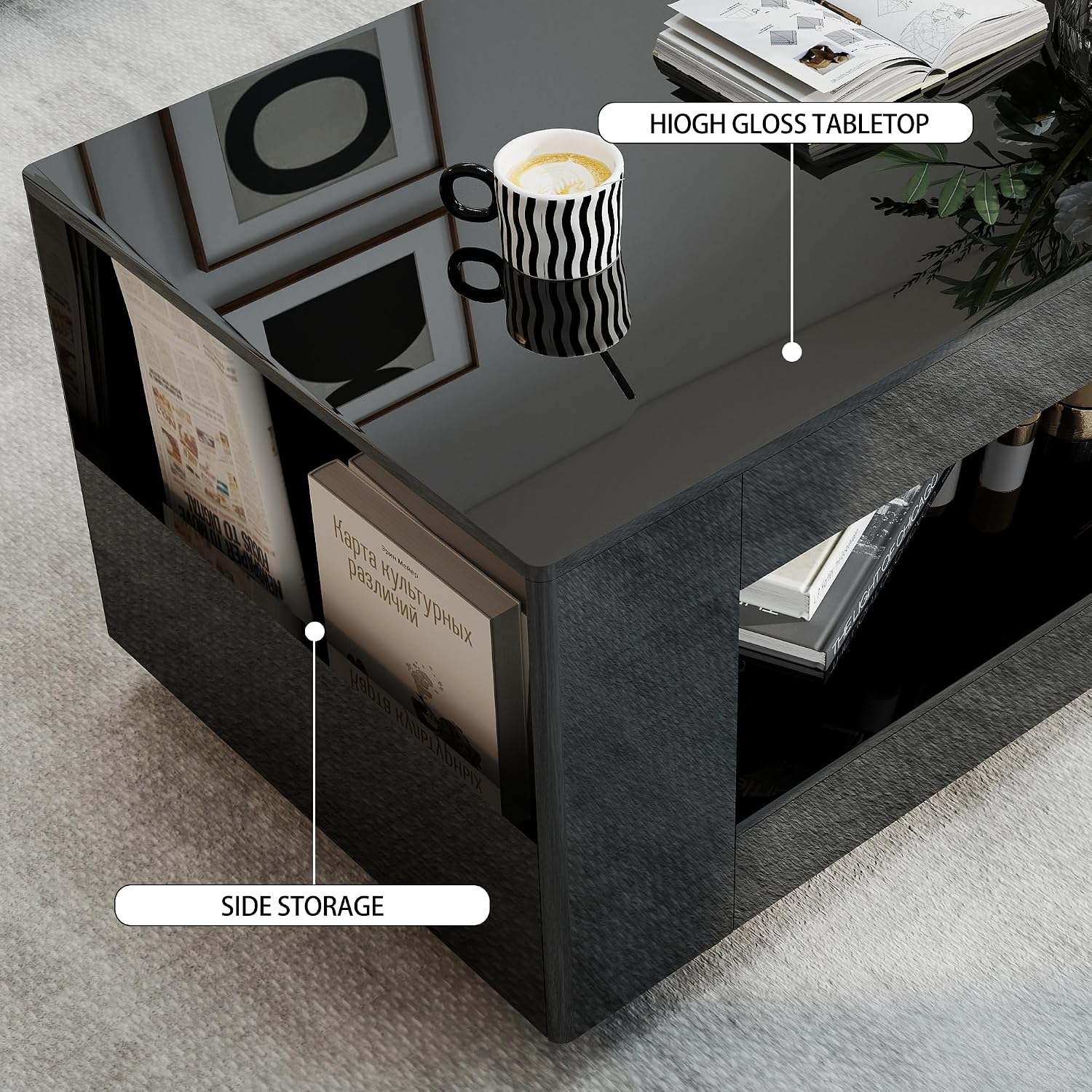 Glossy Coffee Table with Open Shelf Storage - High Gloss Modern Cocktail Table for Living Room, Bedroom, Office