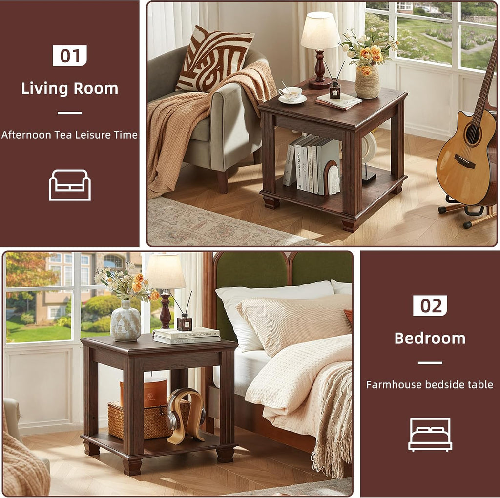 SAVOR LIFE Farmhouse End Table Set of 2,Large Side Table with 2-Tier Storage Shelf,Rustic Brown End Tables for Living Room,Square Tea Table,Walnut