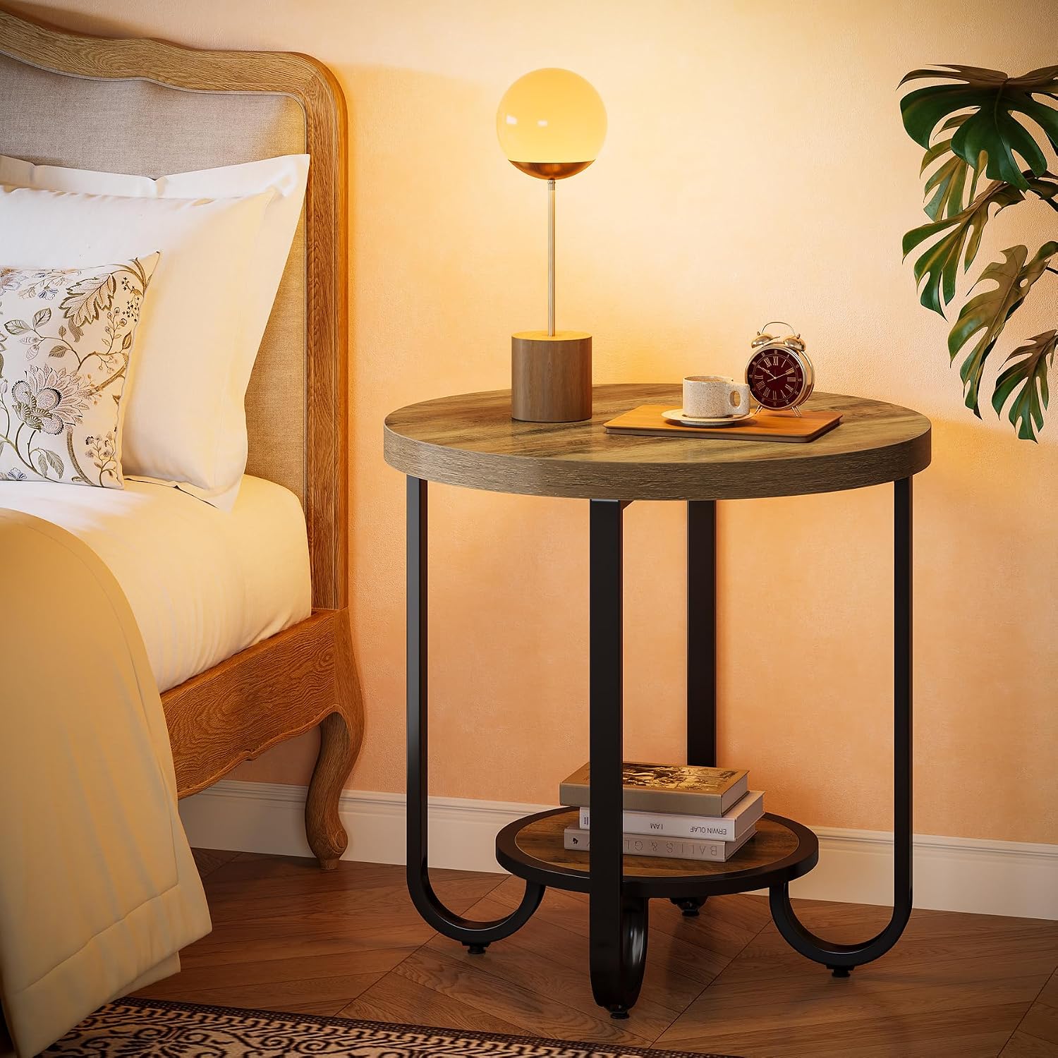 Tribesigns Round End Table with 2-Tier Storage Shelf, Industrial Side Table with Curved Metal Legs, Wood-Grain Accent Coffee Side Stand, Small Nightstand for Living Room, Bedroom, Office, 2PCS