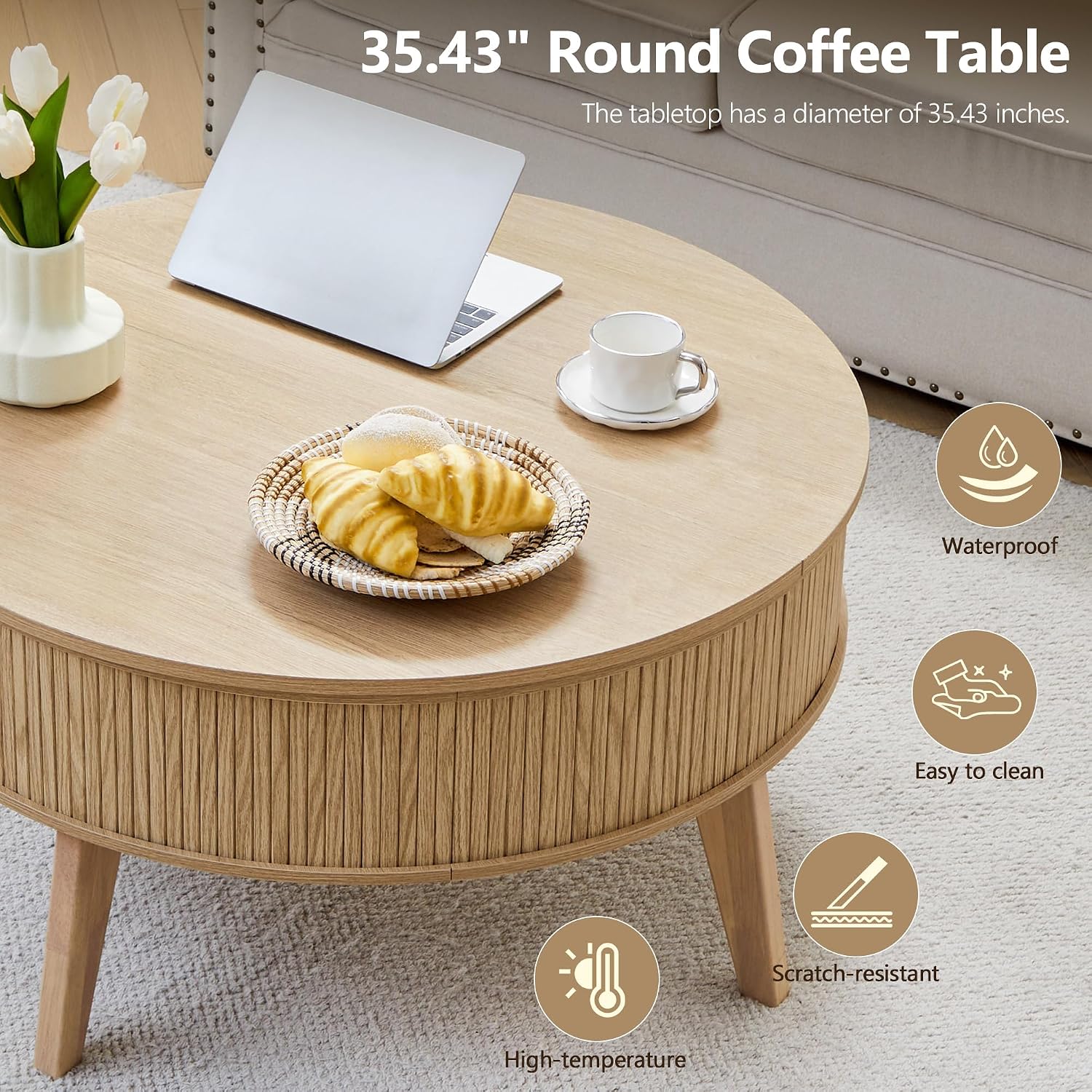 Round Lift Top Coffee Table with Storage, 35.4'' Fluted Wood Center Table Mid Century Modern Coffee Table with Lifting Top for Living Room, Office, Small Space (Natural)