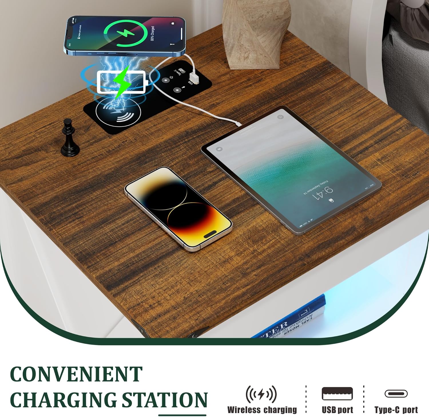 Nightstand with Gun Drawer, Rattan Bedside Table with Charging Station, LED End Table with Human Sensor Light, Gun Night Stand for Bedroom Living Room, Farmhouse Design, White