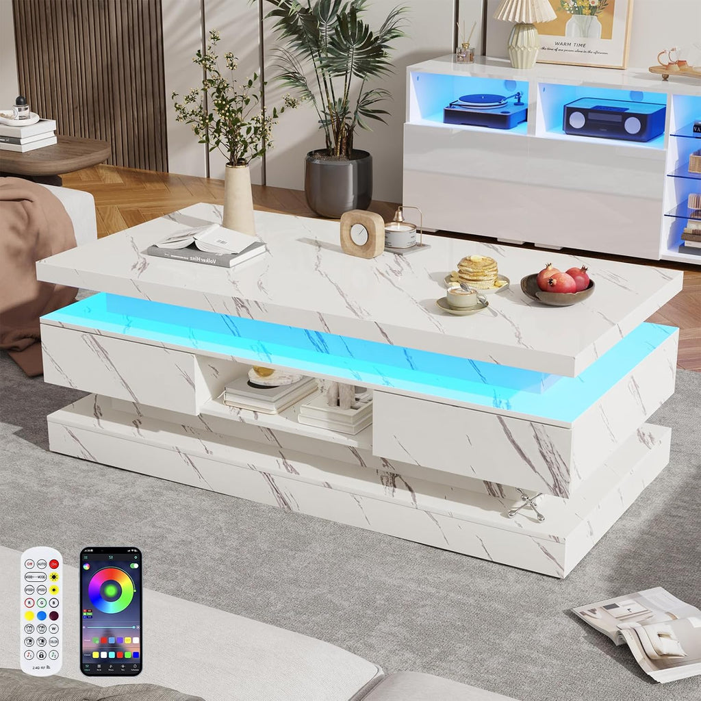 47.2 inch Modern High Glossy LED Coffee Table with 2 Sliding Drawers, Double-Layer Center Tables with LED Lights for Livings Room Furniture, White