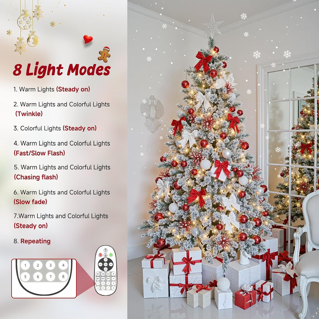 ASOMST Pre-lit Artificial Christmas Tree with Music Sync, Rotating & Foldable Stand, 9ft Snow Flocked Xmas Trees with Remote for Home Décor, 2512 Branch Tips, 600 RGB & Warm White Light